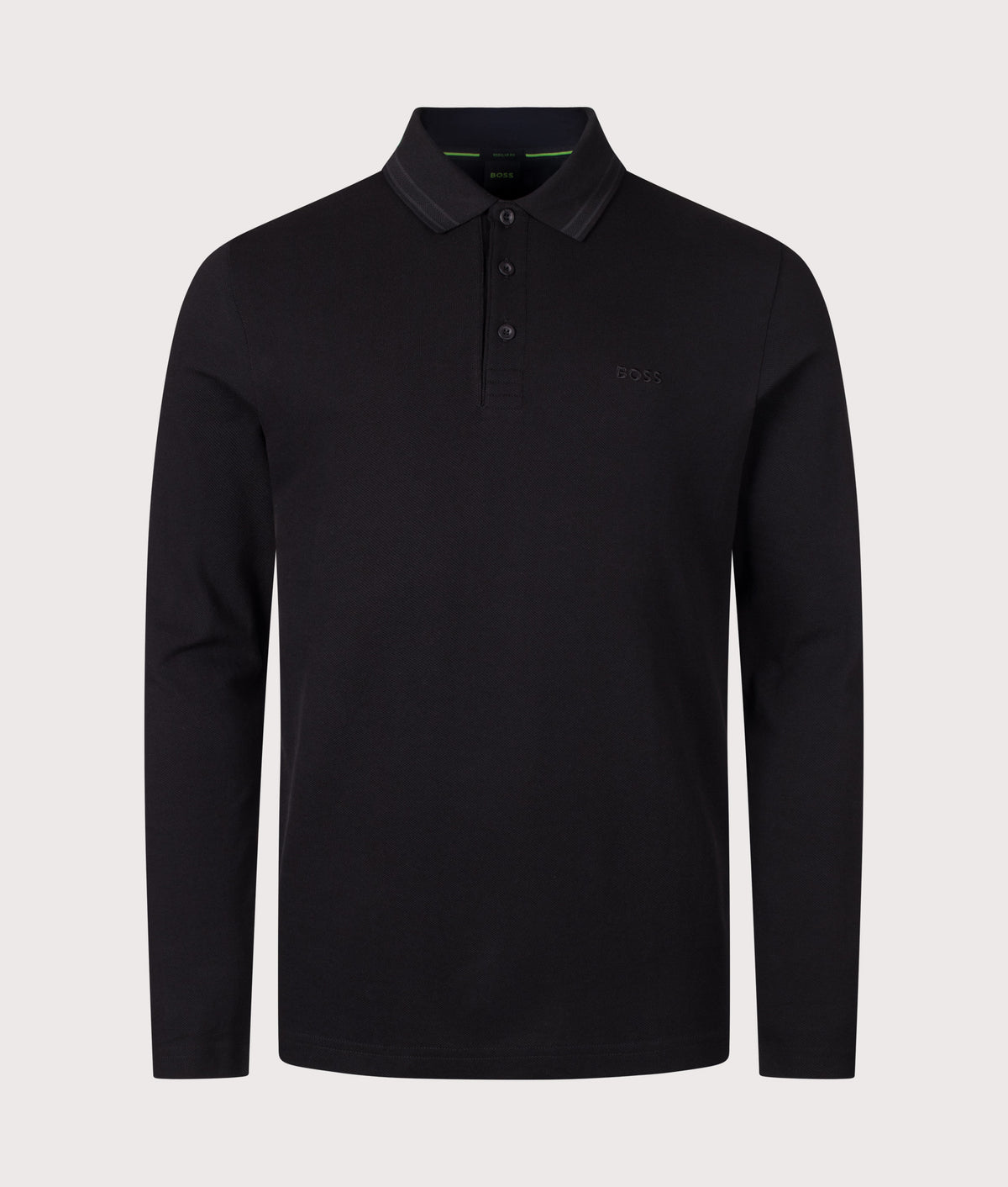 BOSS Regular Fit Plisy Long Sleeve Polo Shirt in Black at EQVVS Menswear. Front shot.