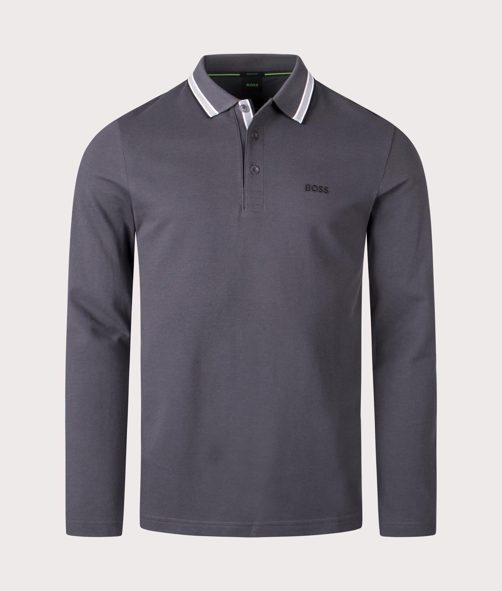 BOSS Plisy Long Sleeve Polo Shirt in Dark Grey. EQVVS front shot.