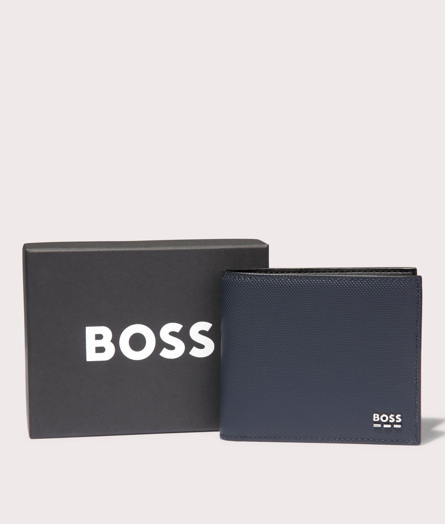 BOSS Jinko Wallet in Dark Blue at EQVVS. front shot box.