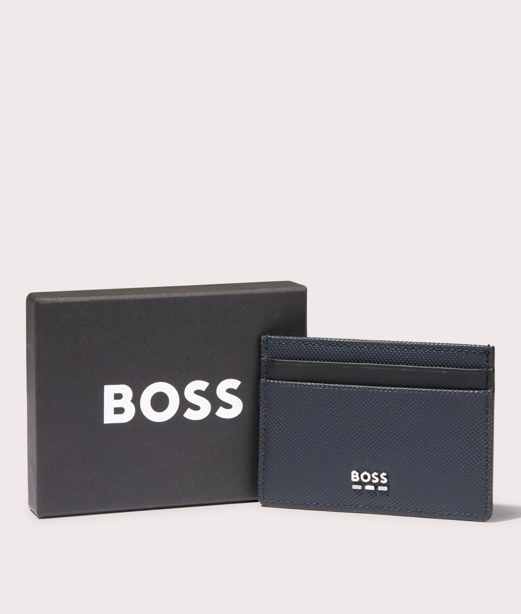 BOSS Jinko Card holder in Dark Navy at EQVVS. Front Shot box.