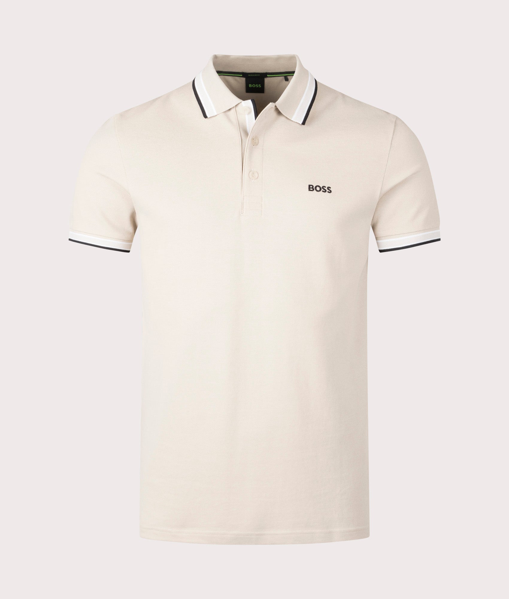 BOSS Paddy Polo Shirt in Open Beige. Shot at EQVVS. Front shot 
