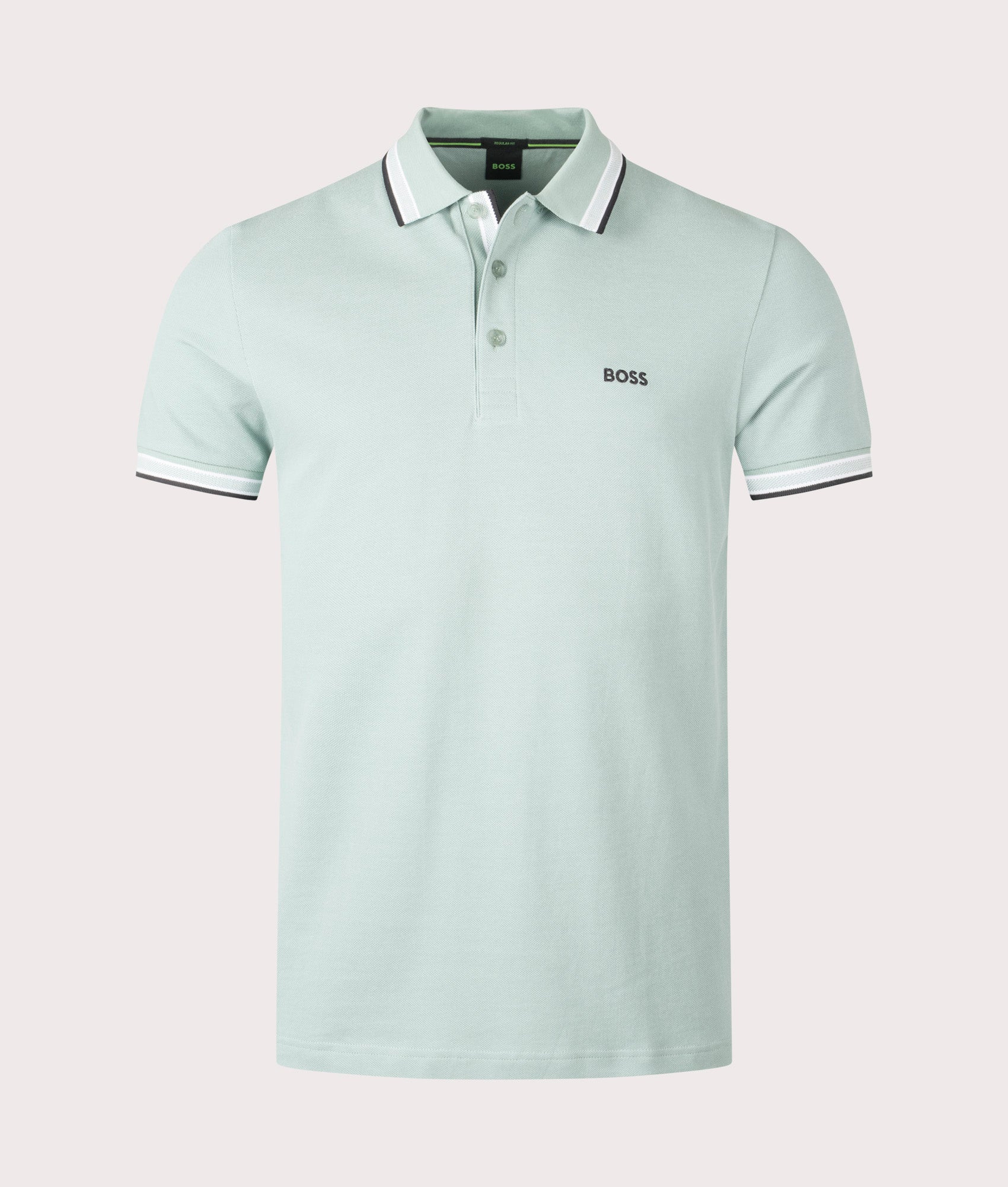 BOSS Paddy Polo Shirt in Open Green . Shot at EQVVS. Front detail shot 