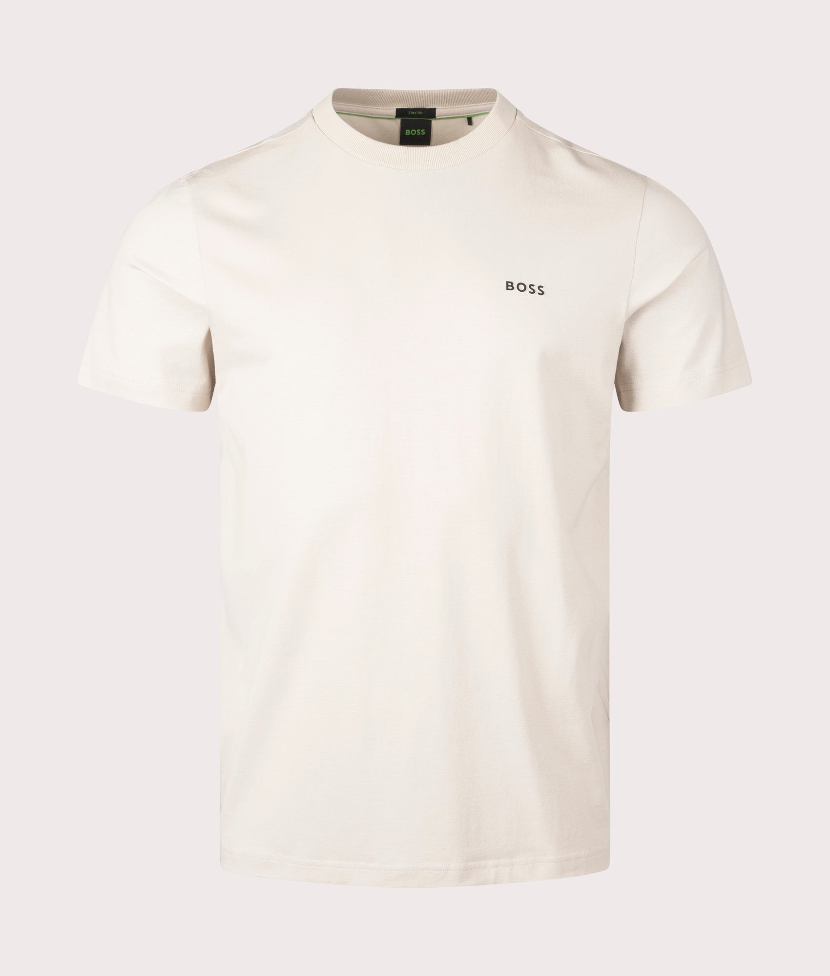 BOSS Crew Neck Tee T-Shirt in Open Beige. Shot at EQVVS.  Front detail shot 
