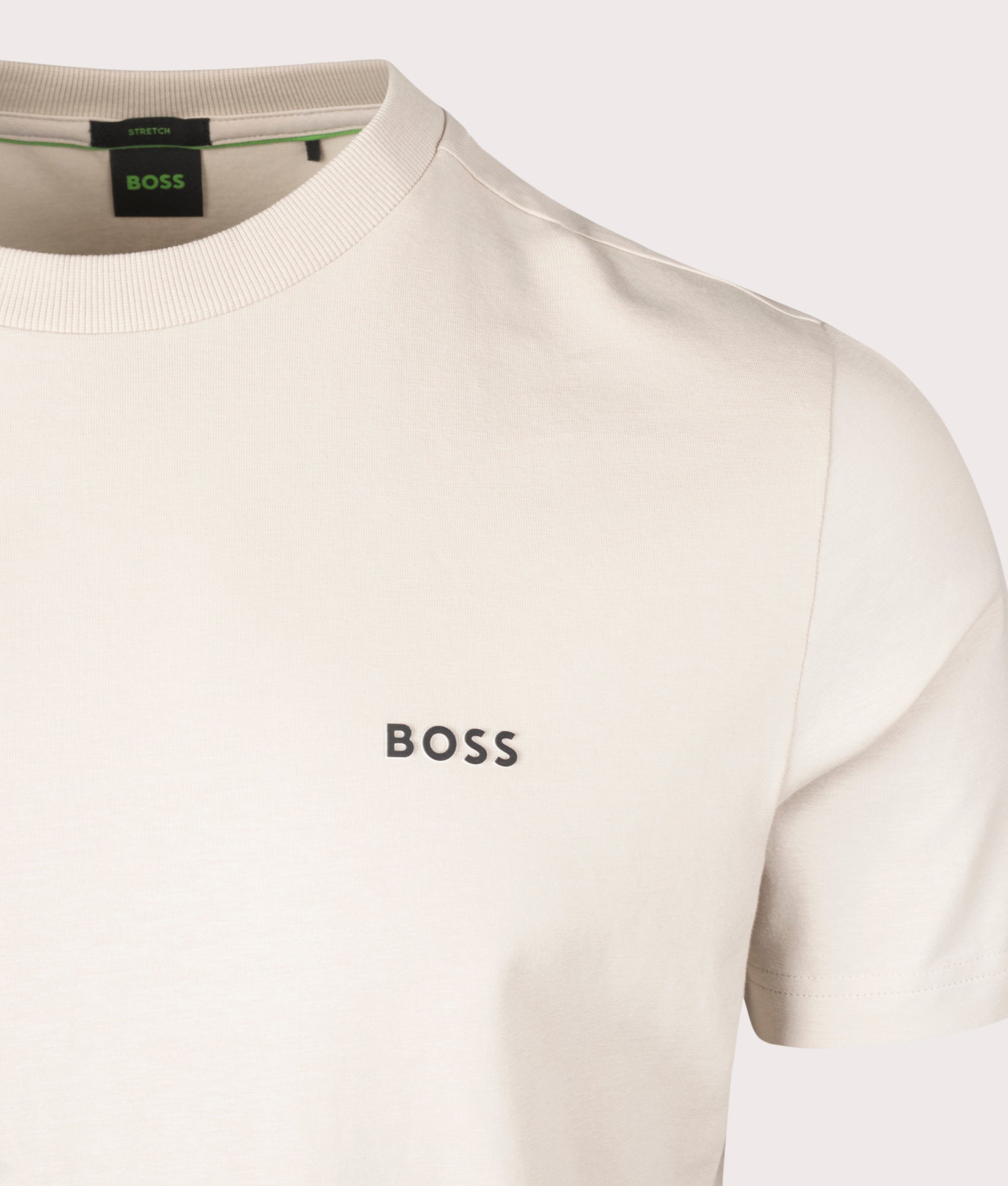 BOSS Crew Neck Tee T-Shirt in Open Beige. Shot at EQVVS. Front logo shot 