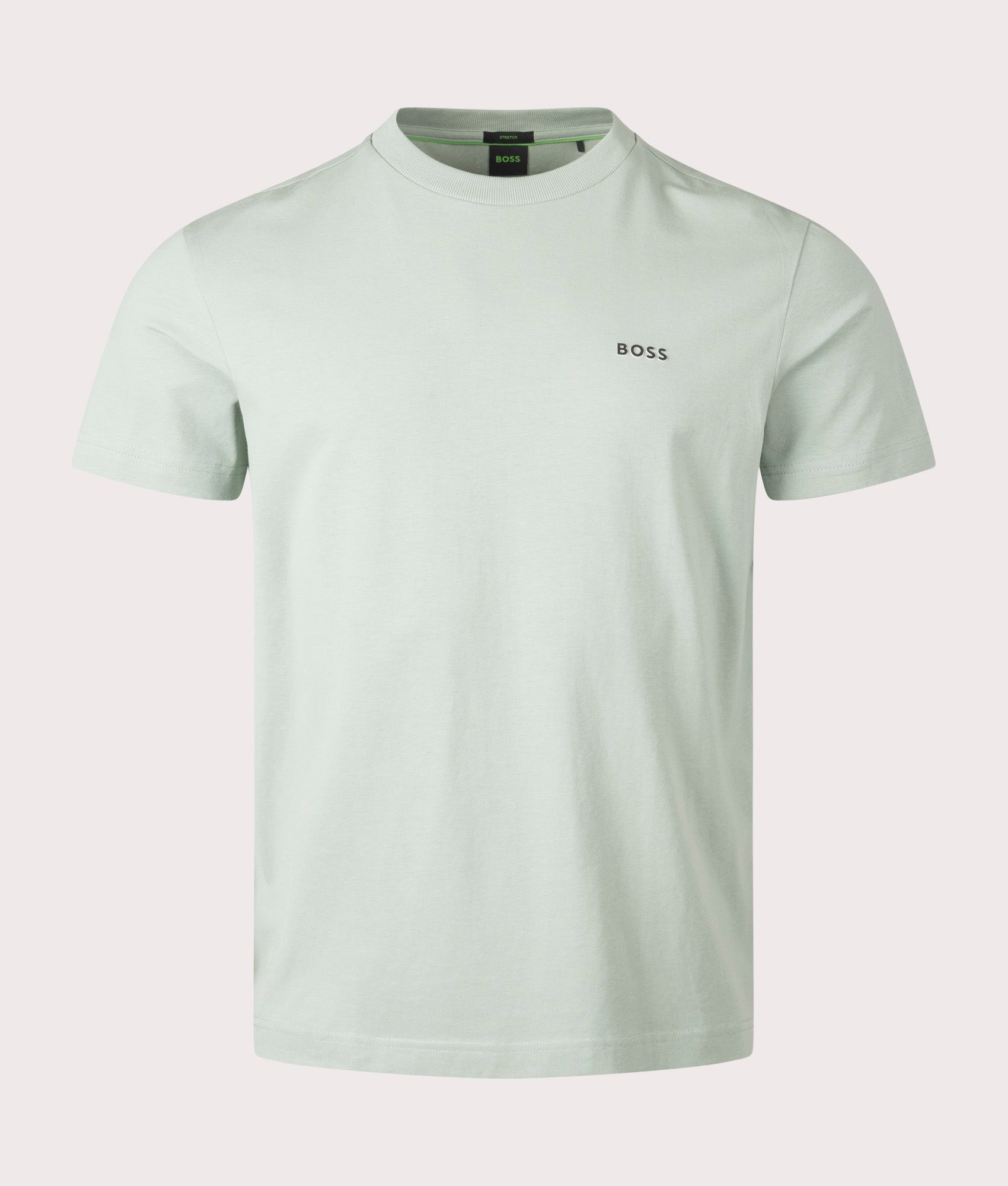 BOSS Crew Neck Tee T-Shirt in Open Green . Shot at EQVVS. Front detail shot 