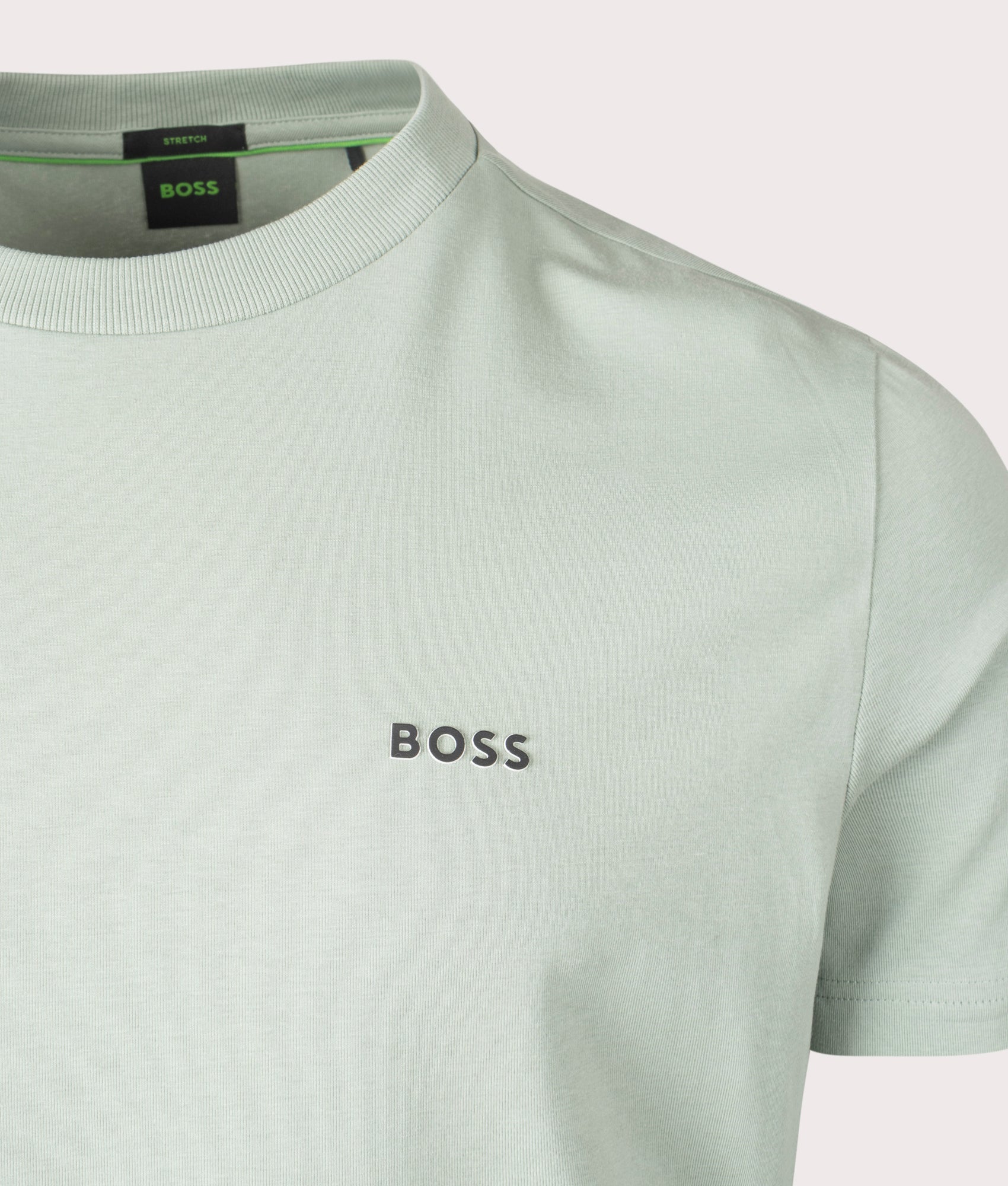 BOSS Crew Neck Tee T-Shirt in Open Green . Shot at EQVVS. Front logo shot 