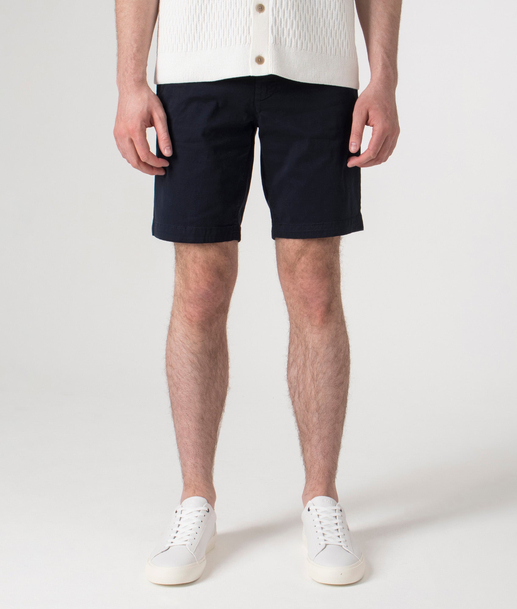 BOSS Slim Fit Chino Shorts in Dark Blue at EQVVS. front Shot.