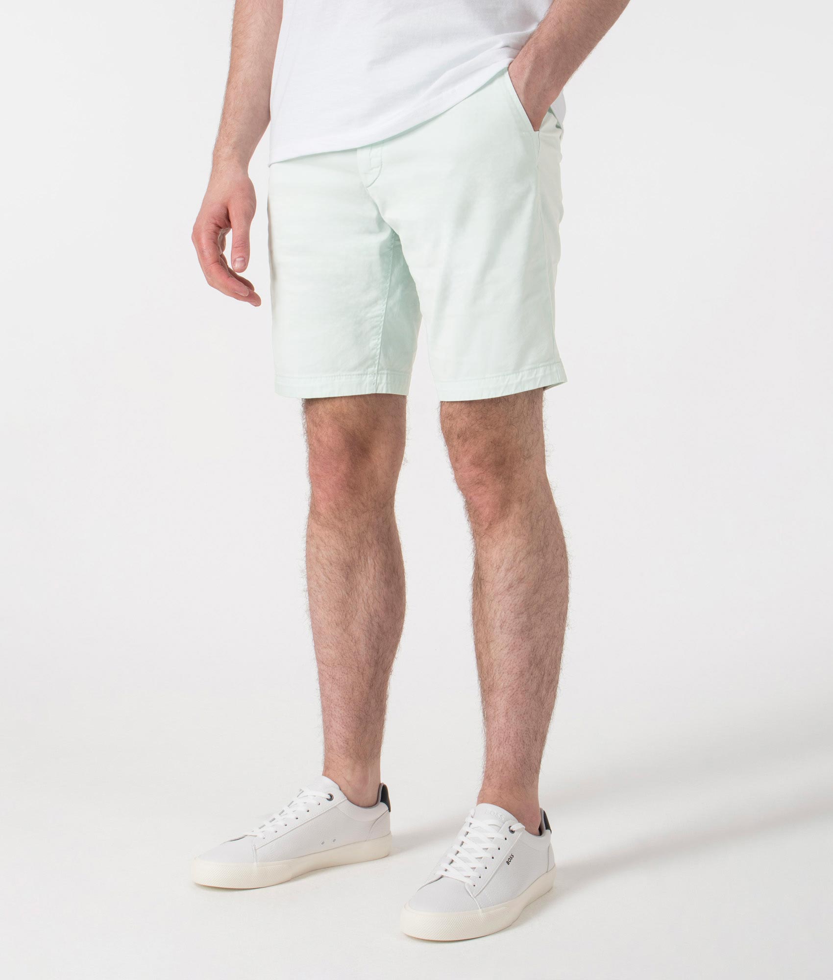 BOSS Slim Fit Chino Shorts in Open Blue at EQVVS. Angle Shot.