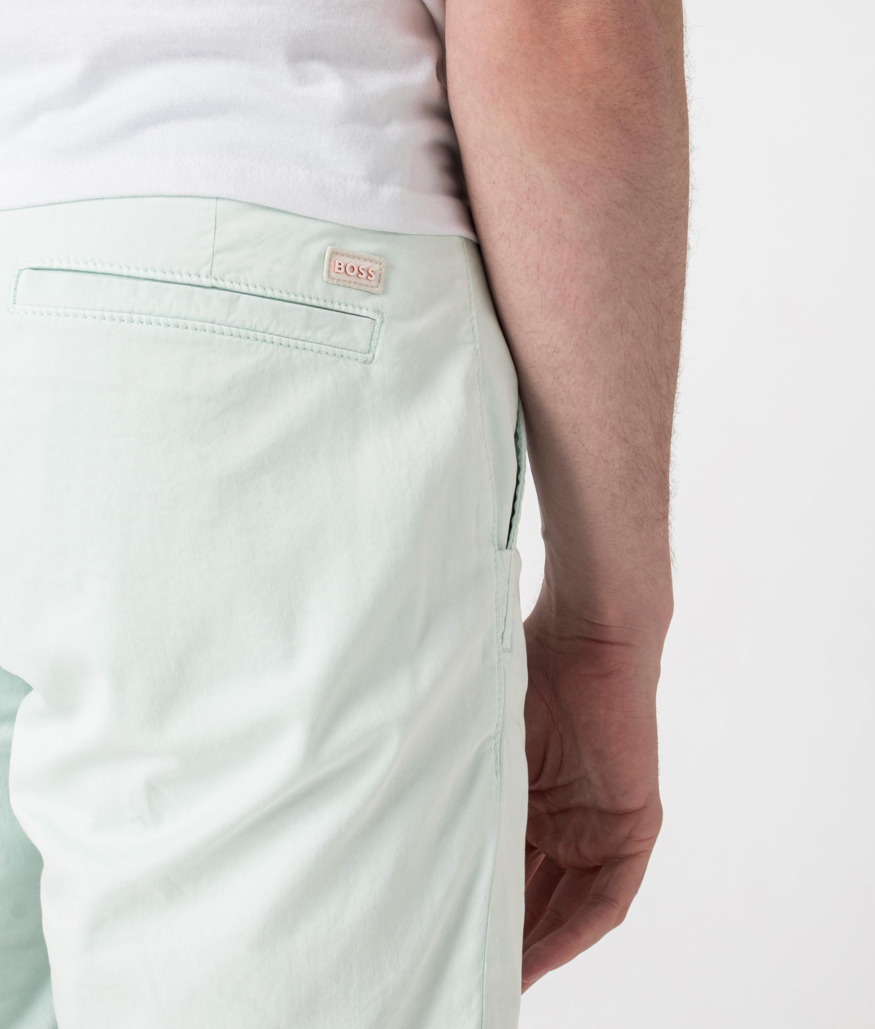 BOSS Slim Fit Chino Shorts in Open Blue at EQVVS. Detail Shot.