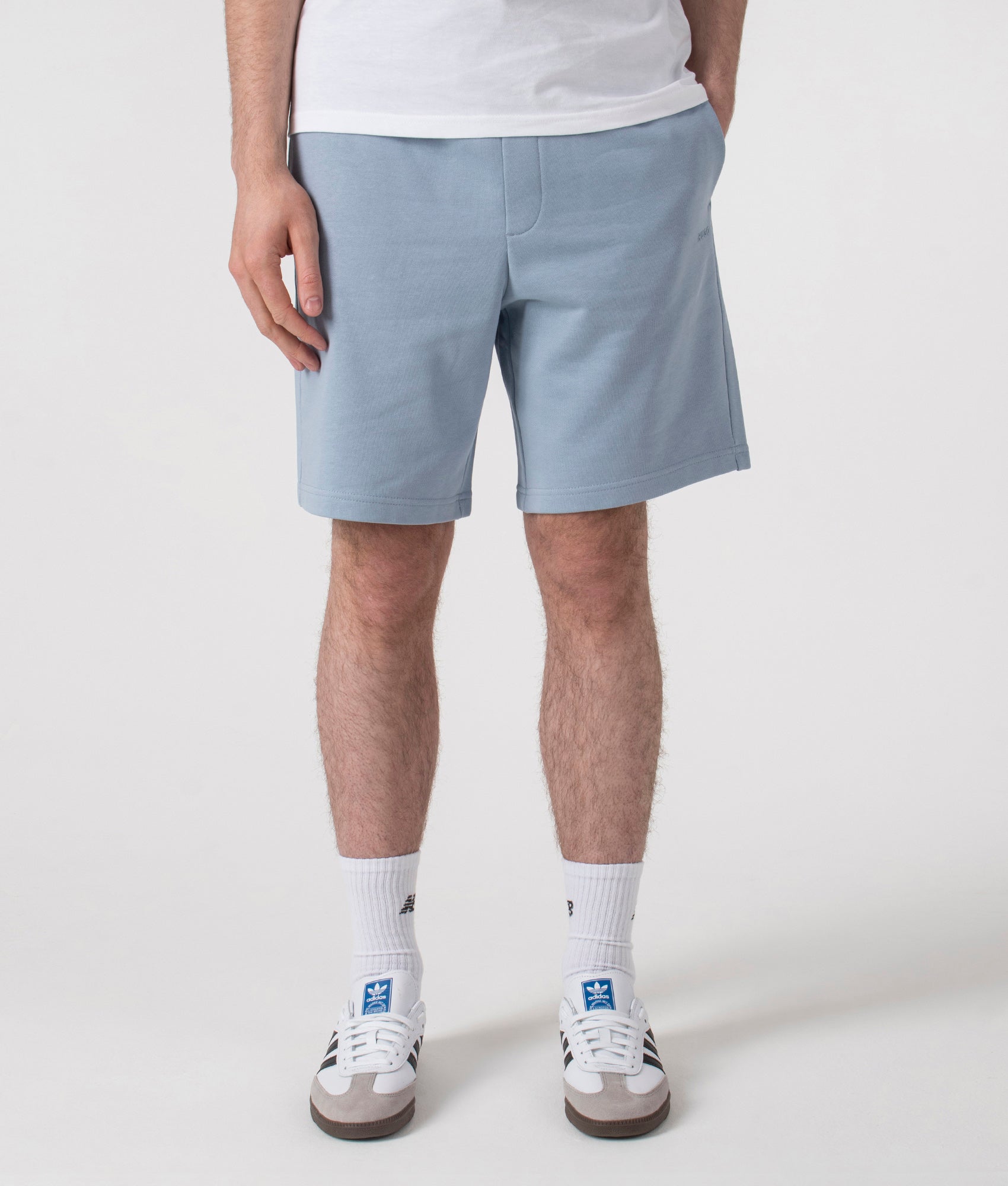 HUGO Relaxed Fit Dayono Shorts in Open Blue, 100% Cotton at EQVVS. Front shot.