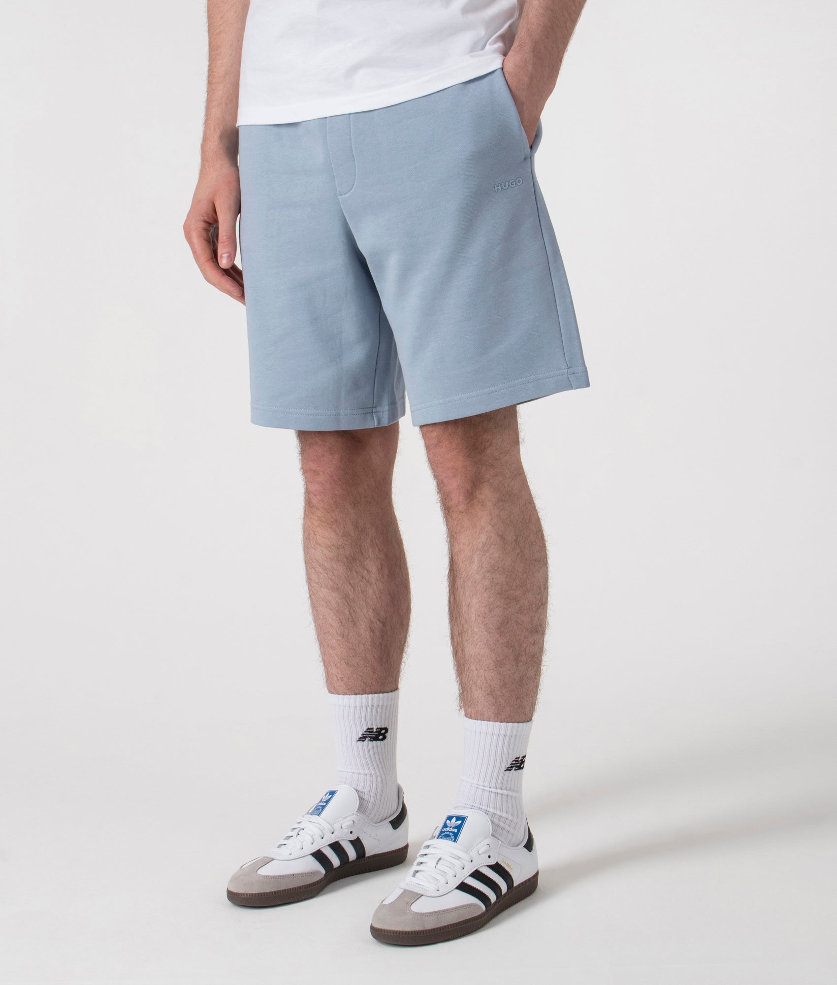 HUGO Relaxed Fit Dayono Shorts in Open Blue, 100% Cotton at EQVVS. Side shot.