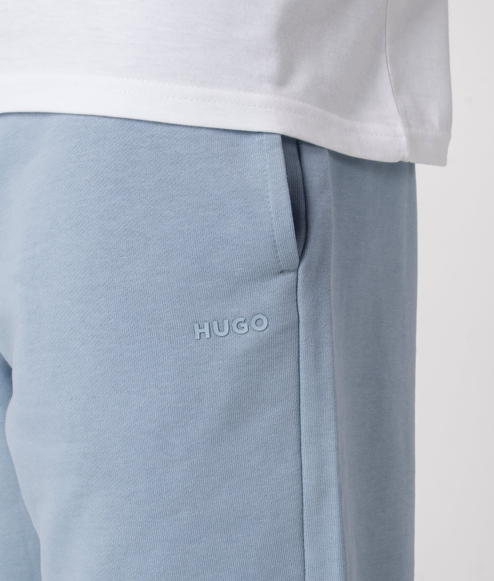 HUGO Relaxed Fit Dayono Shorts in Open Blue, 100% Cotton at EQVVS. Close-up shot.