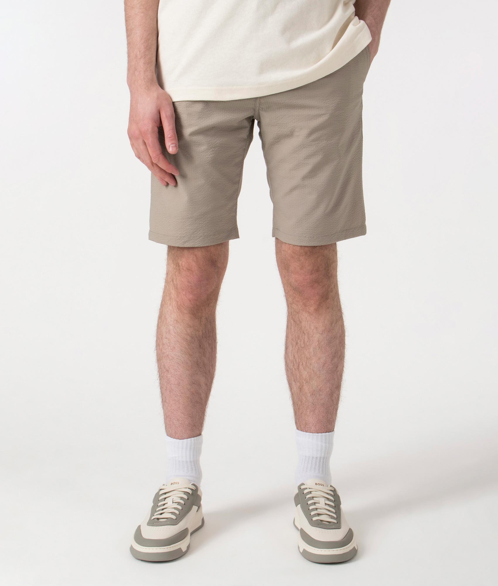 BOSS Regular Fit Tapered Chino Shorts in Open Beige at EQVVS. Front Shot.