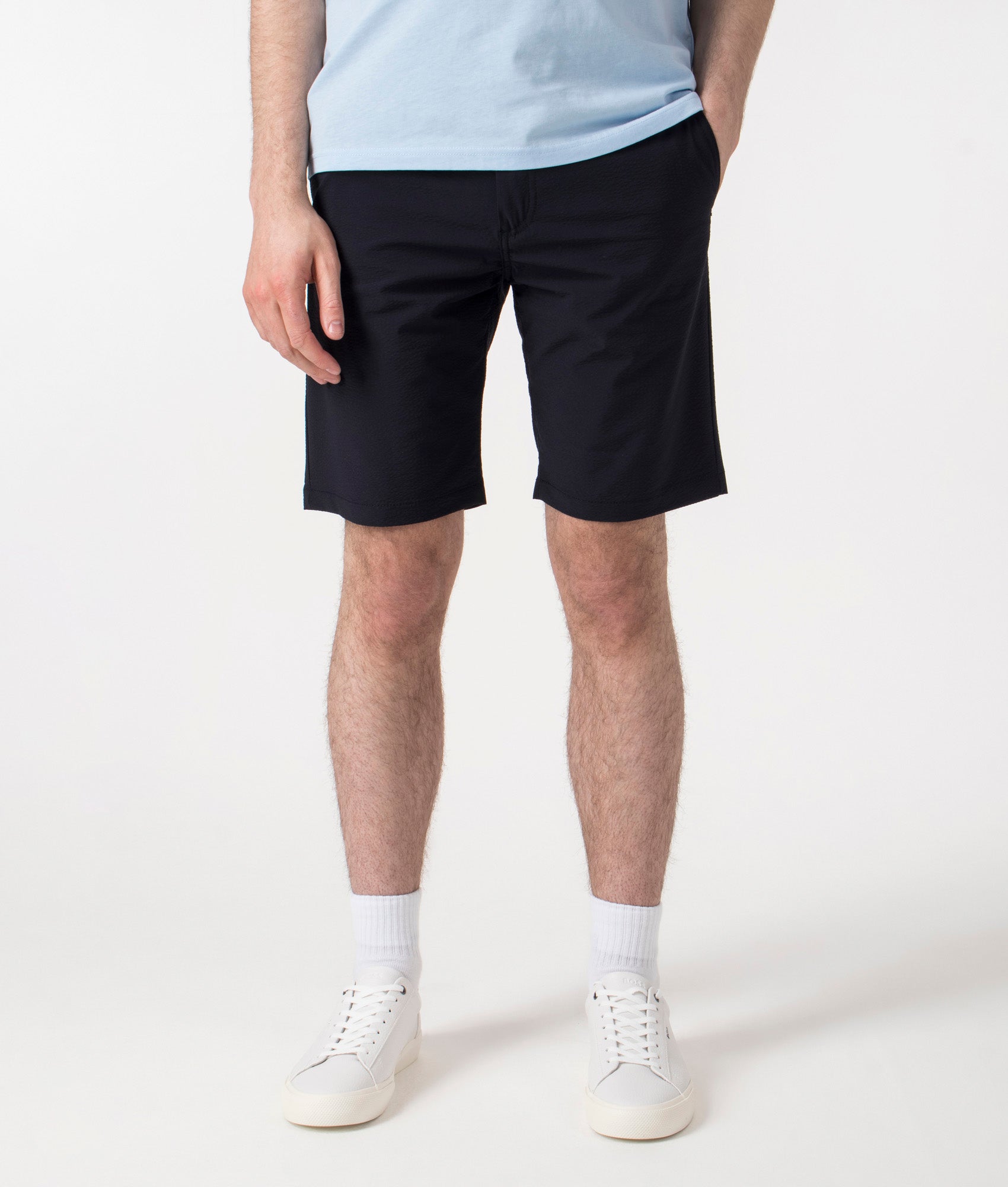 BOSS Regular Fit Tapered Chino Shorts in Dark Blue at EQVVS. Front Shot.