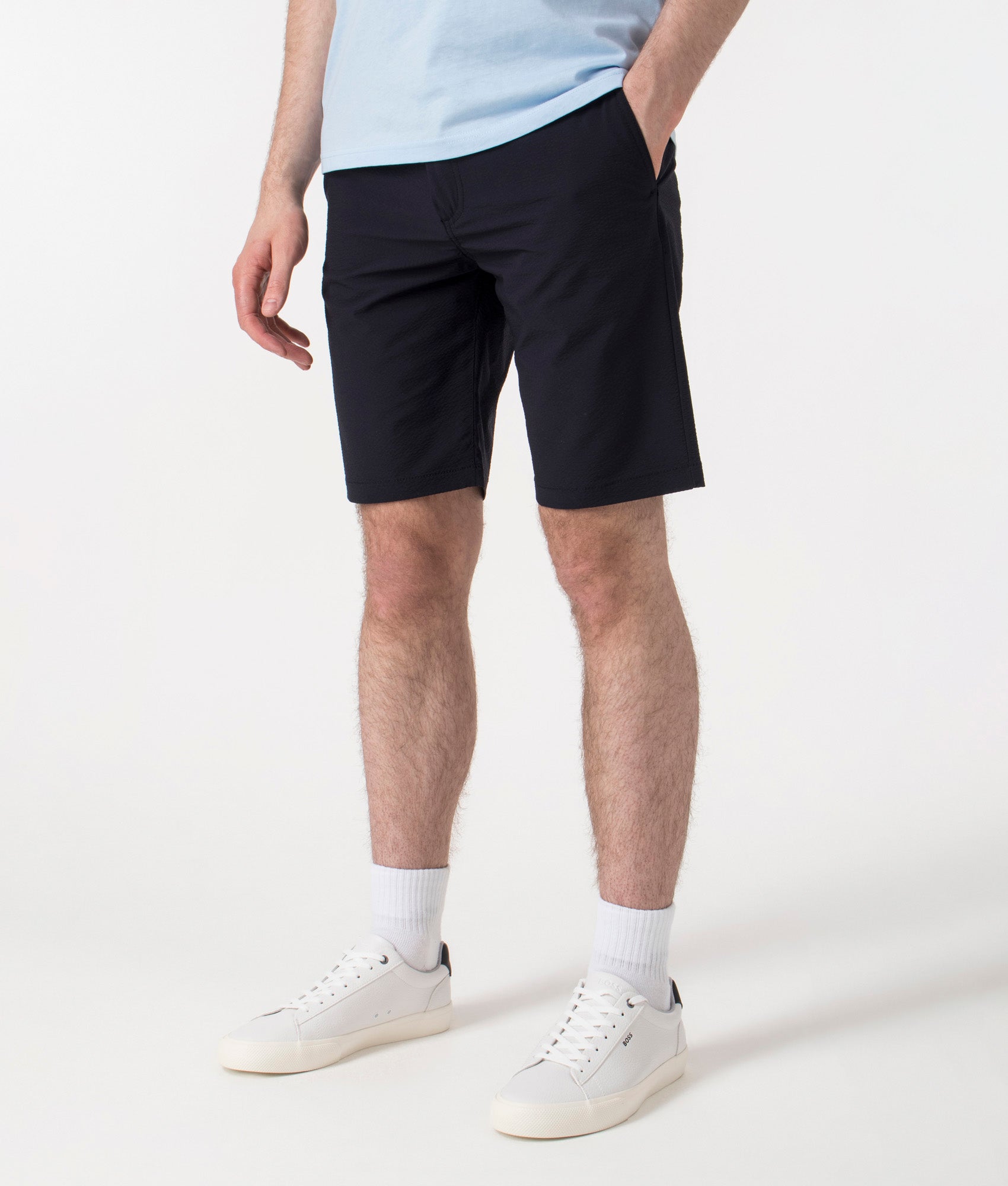 BOSS Regular Fit Tapered Chino Shorts in Dark Blue at EQVVS. Front Shot.