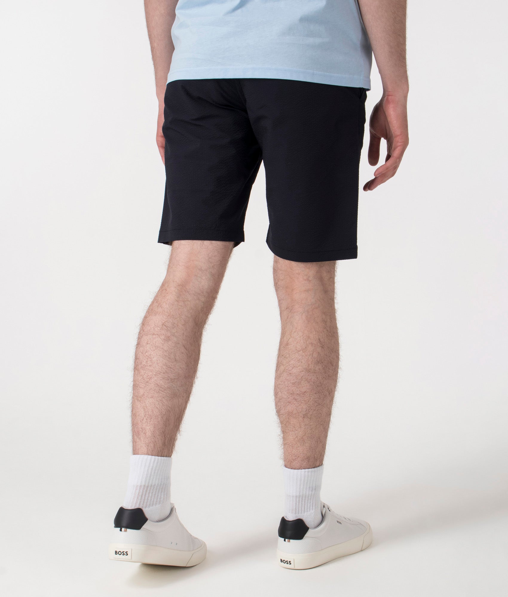 BOSS Regular Fit Tapered Chino Shorts in Dark Blue at EQVVS. Back Shot.