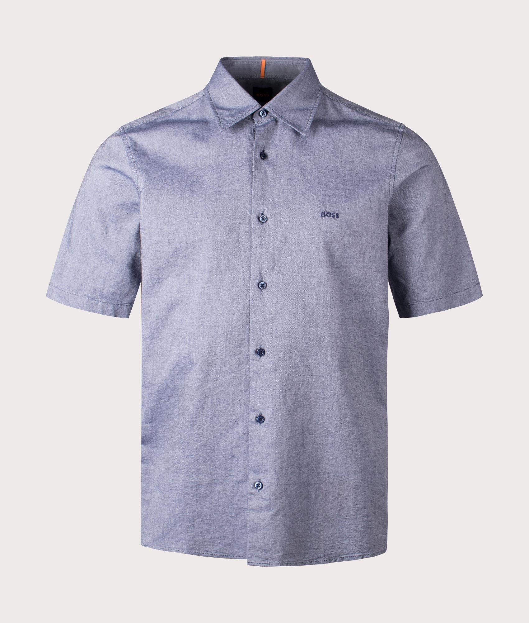 BOSS Rash Short Sleeve Shirt in Navy at EQVVS. Front Shot.