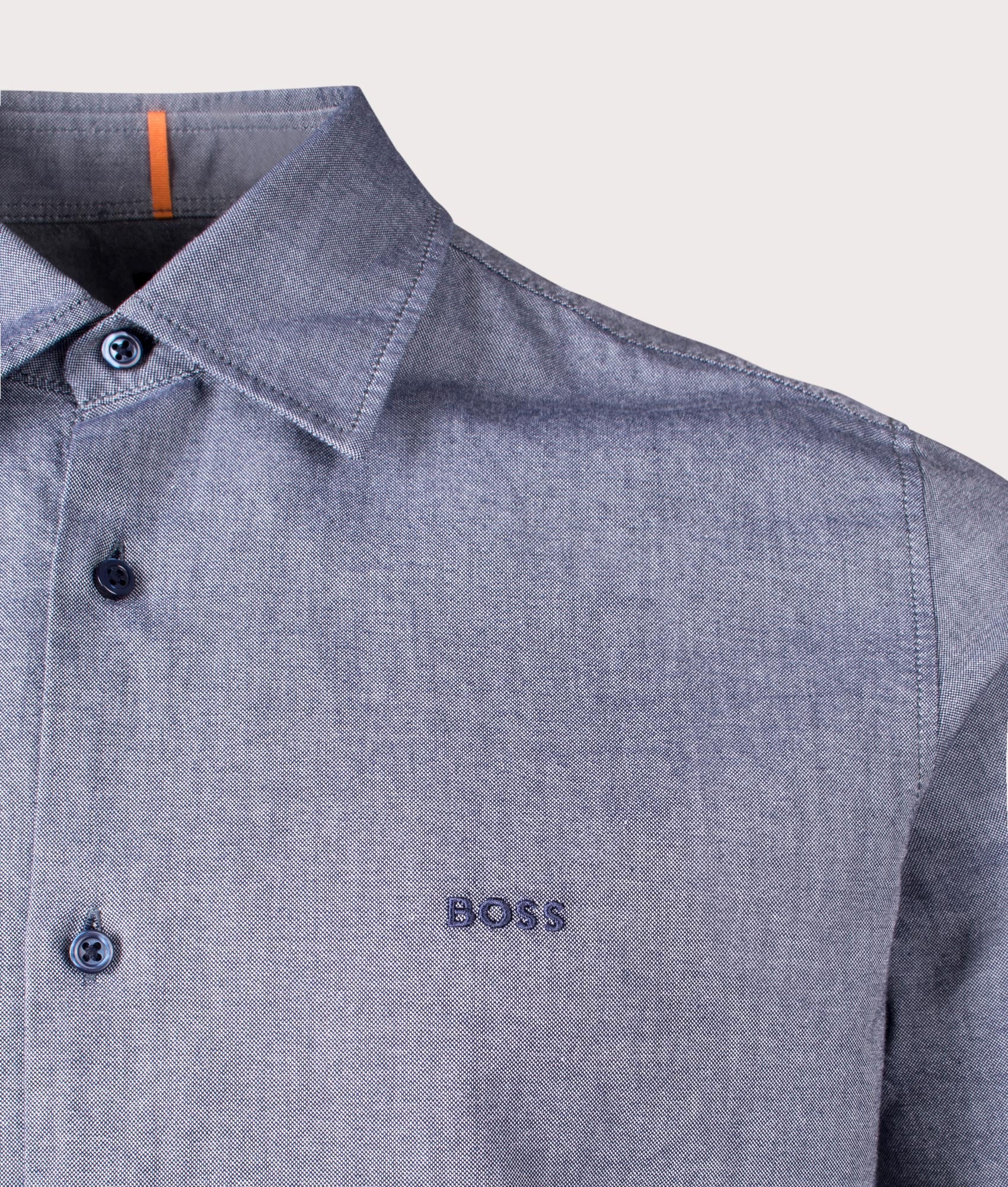 BOSS Rash Short Sleeve Shirt in Navy at EQVVS. Detail Shot.
