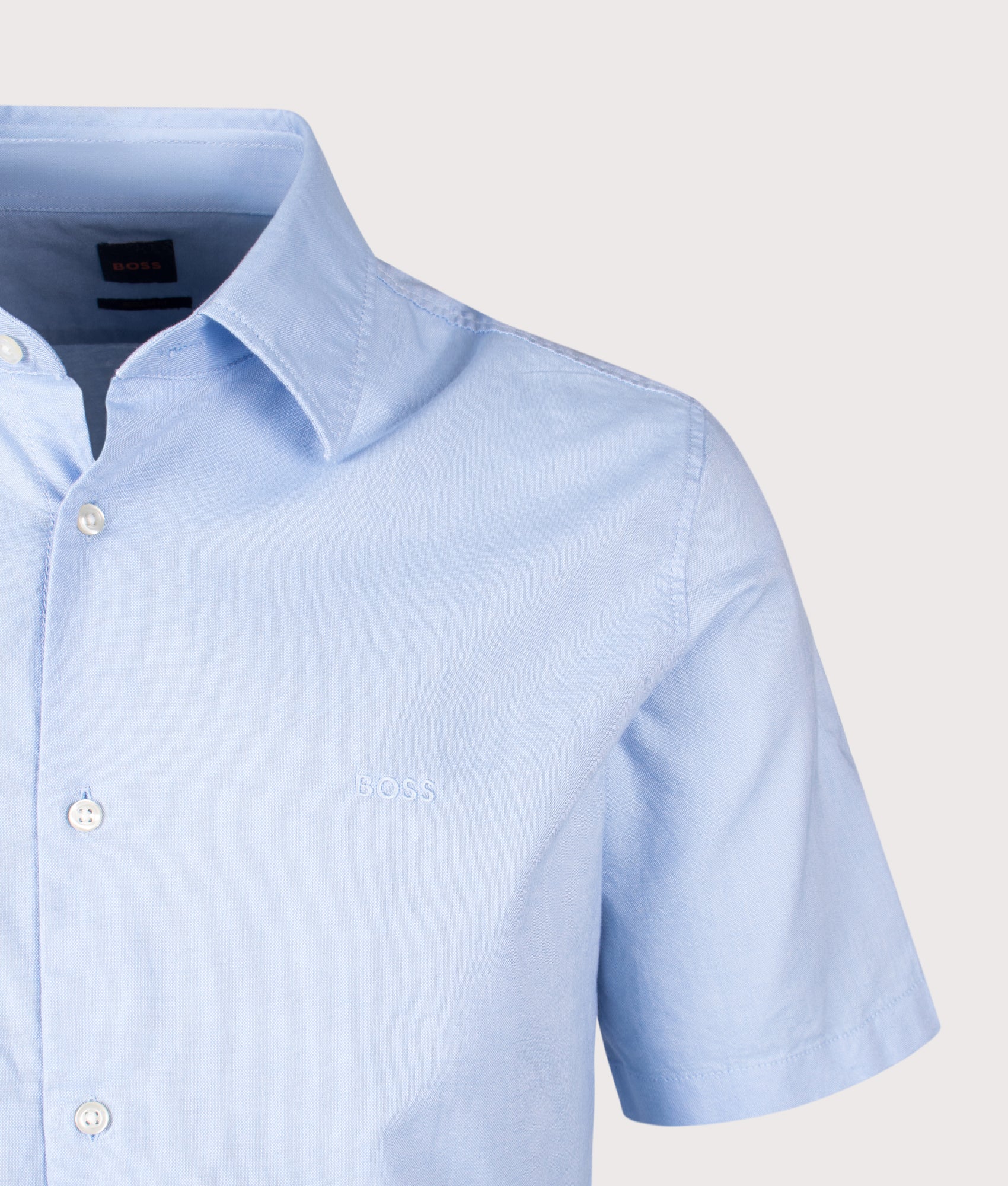 BOSS Rash Short Sleeve Shirt in Open Blue at EQVVS Menswear. Detail shot.