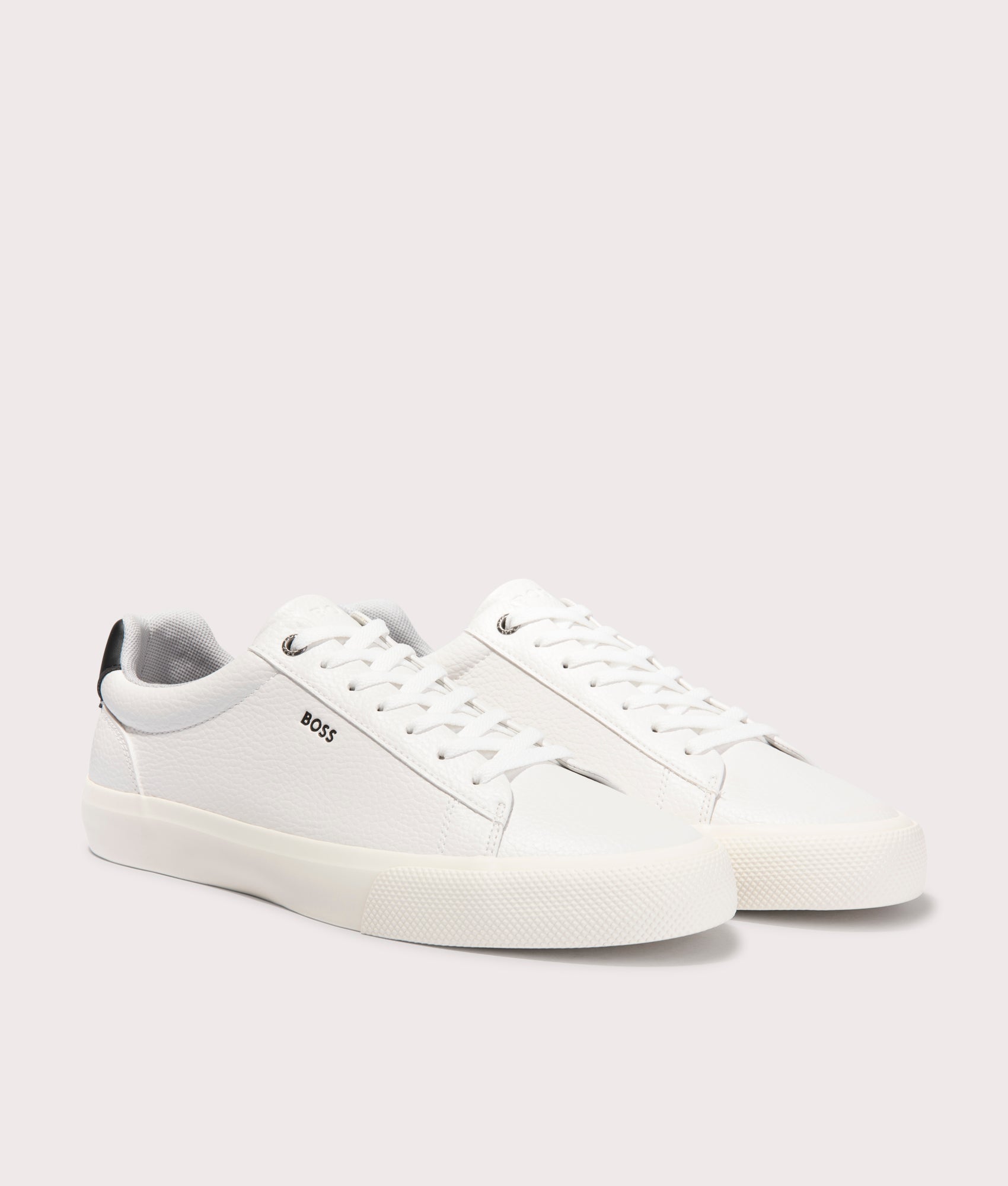 BOSS Aiden Tenn Trainers in Off White at EQVVS. Angle Shot.
