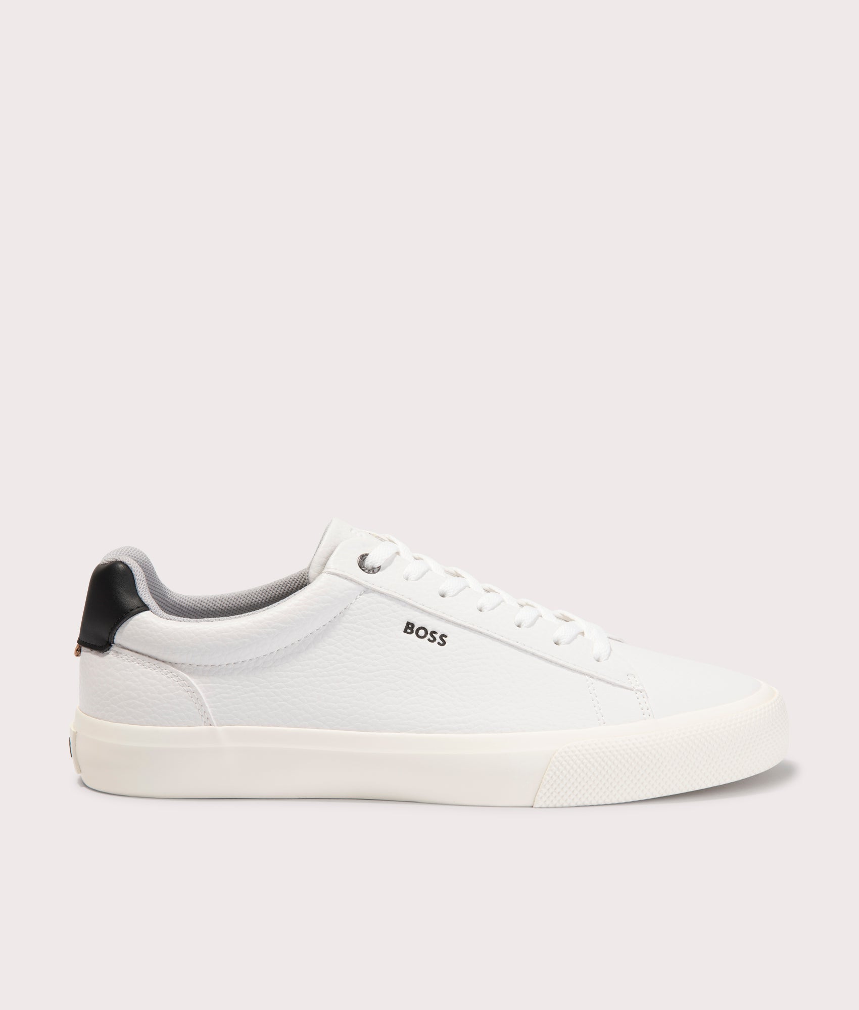BOSS Aiden Tenn Trainers in Off White at EQVVS. Side Shot.