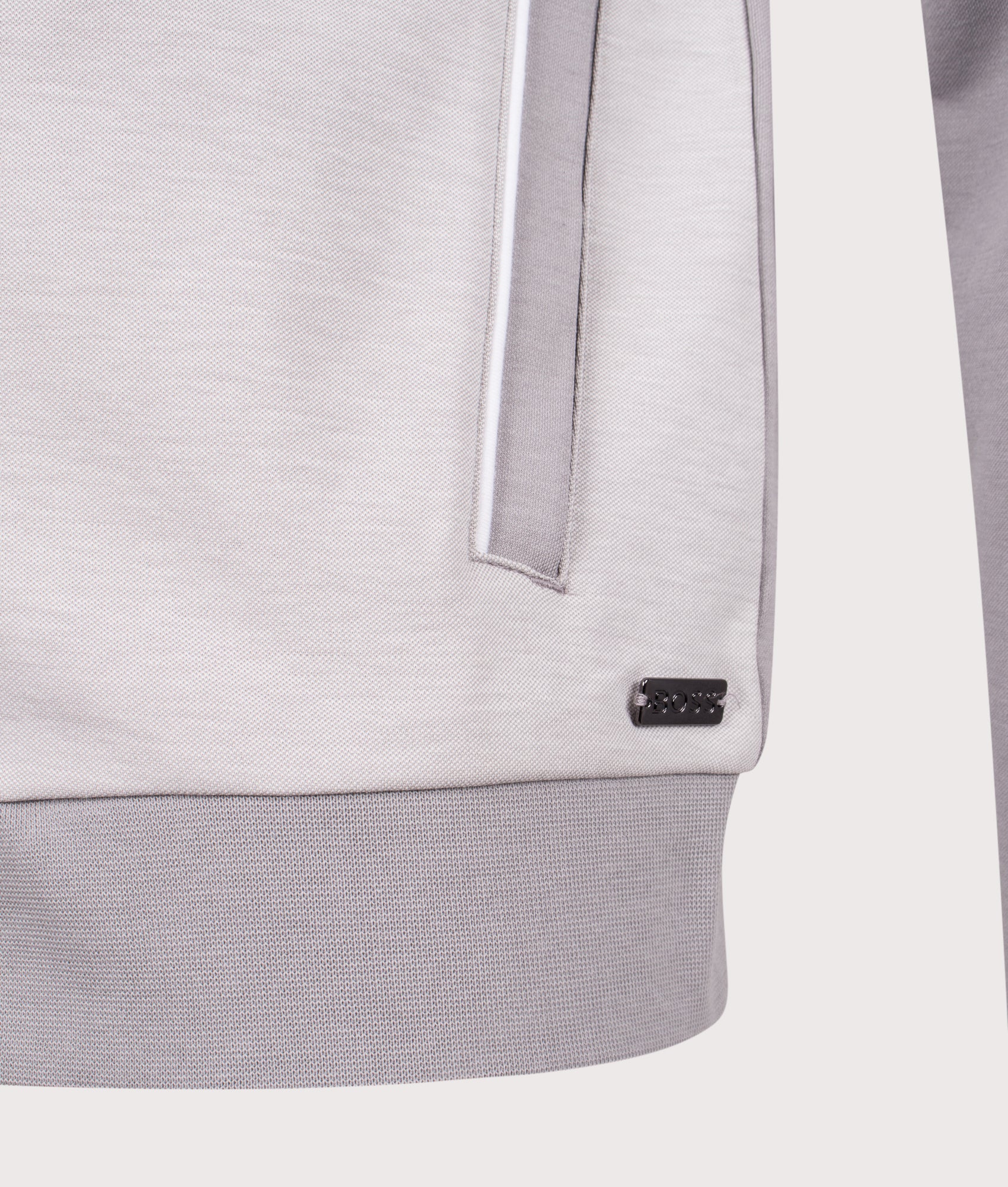 Tracksuit Jacket in Light/Pastel Grey. Cotton blend | BOSS | Shot at EQVVS | Front hem detail shot 