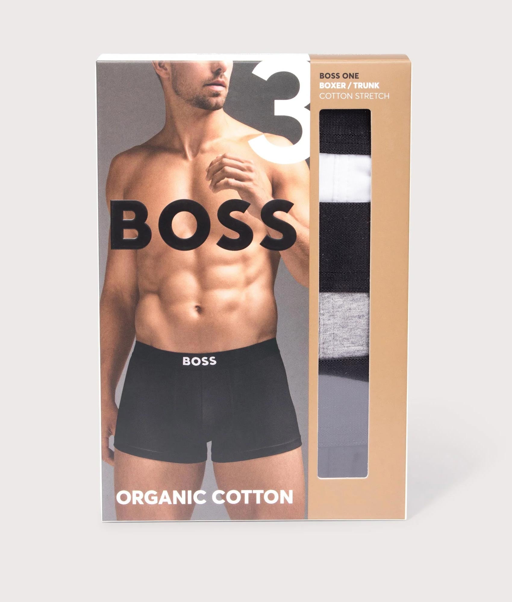 3 Pack BOSS ONE Trunks. Shot by EQVS. Boxed shot.