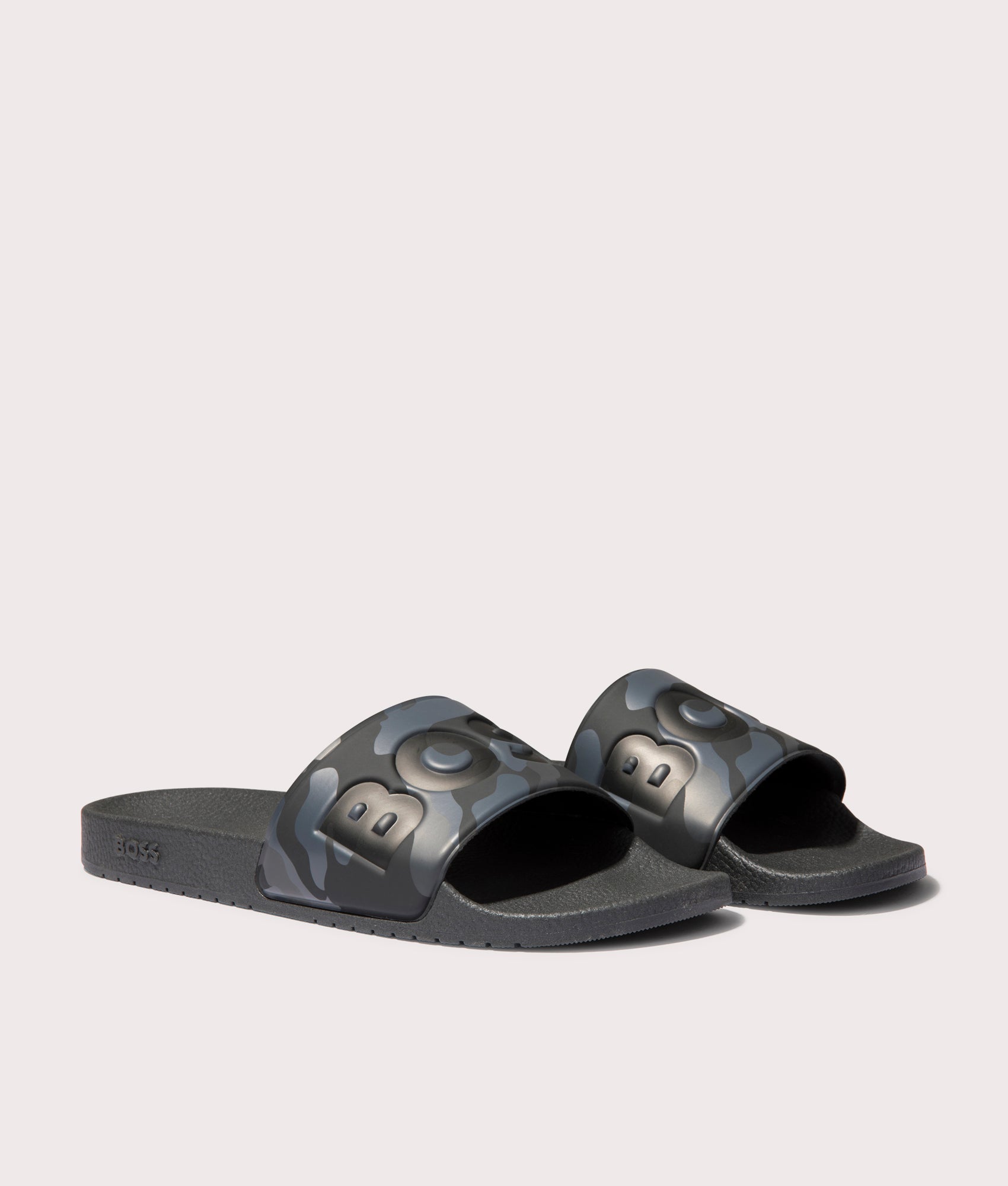 BOSS Aryeh Sliders in Medium Grey. Side shot at EQVVS.