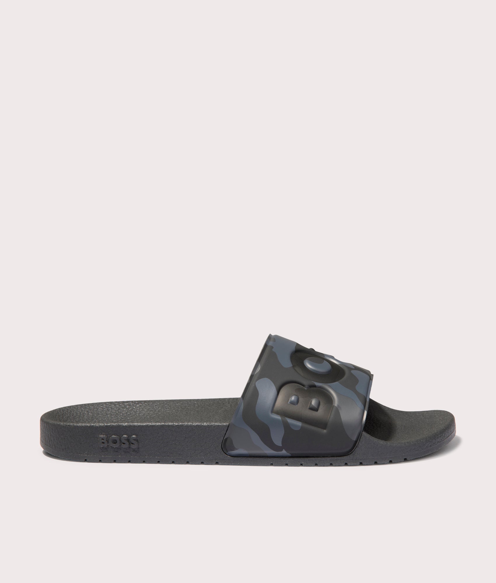 BOSS Aryeh Sliders in Medium Grey. Side angle shot at EQVVS.