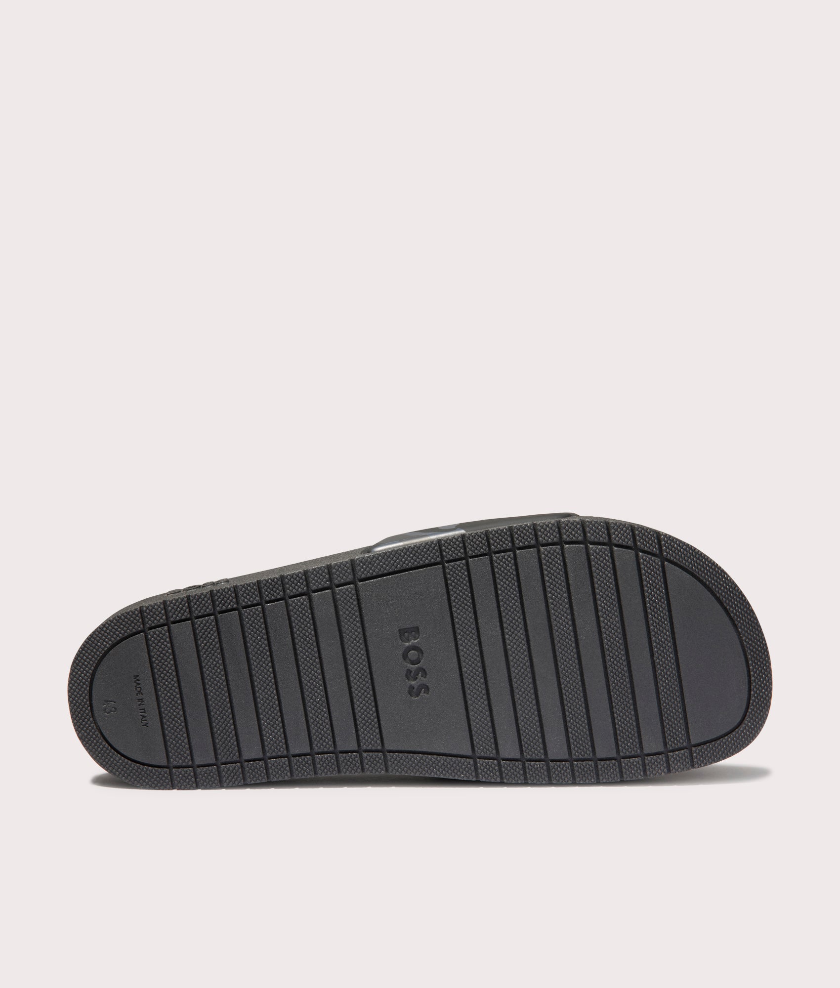 BOSS Aryeh Sliders in Medium Grey. Sole shot at EQVVS.