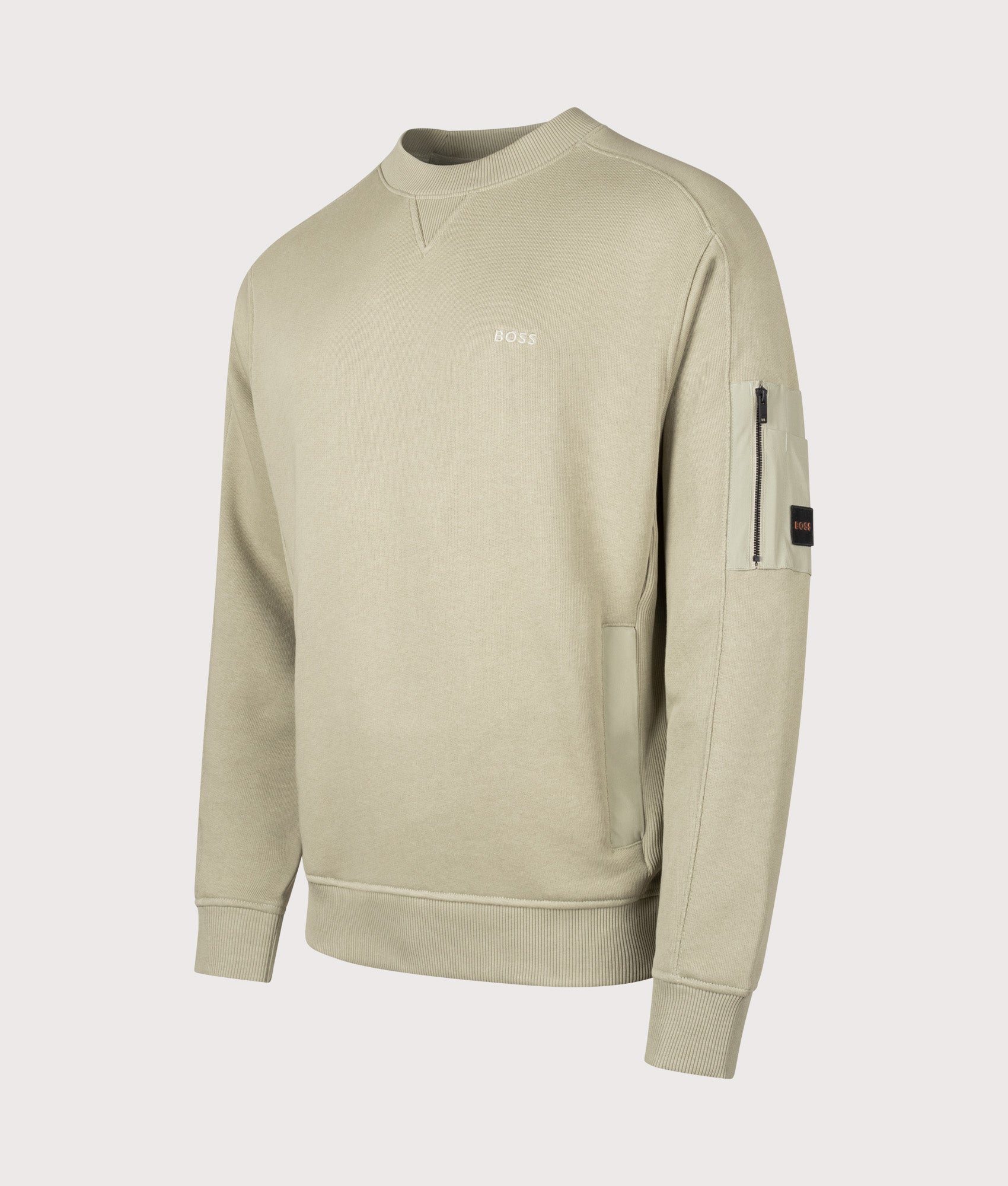 BOSS Relaxed Fit We Mixed Sweatshirt in Open Green at EQVVS Menswear. Angled front shot.