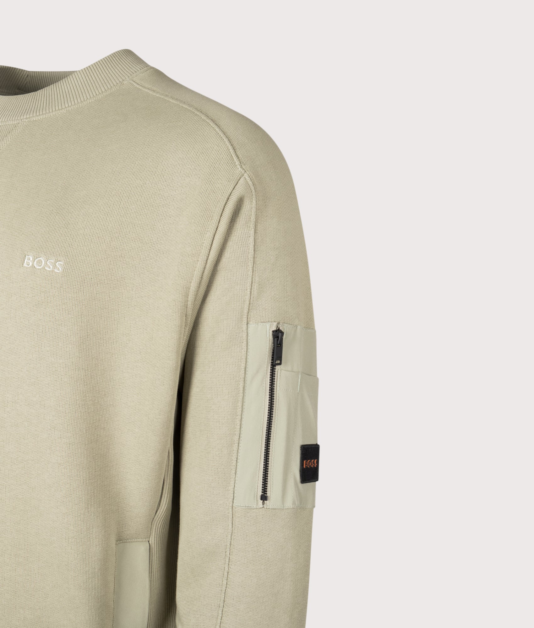 BOSS Relaxed Fit We Mixed Sweatshirt in Open Green at EQVVS Menswear. Detail shot.