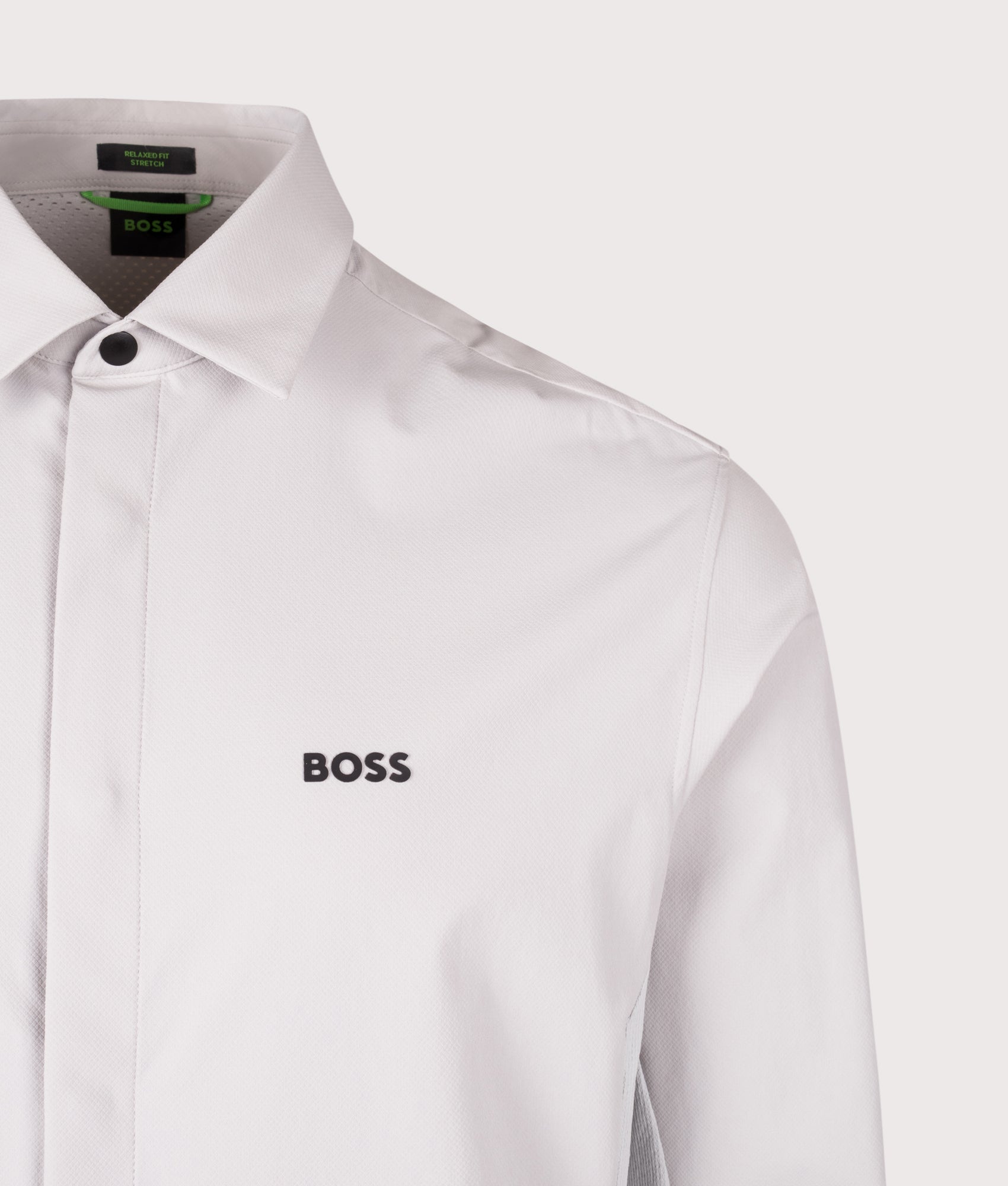 Relaxed Fit Urban TechDobby Overshirt in Light/Pastel Grey. | Fred Perry | Shot at EQVVS | Front detail shot 
