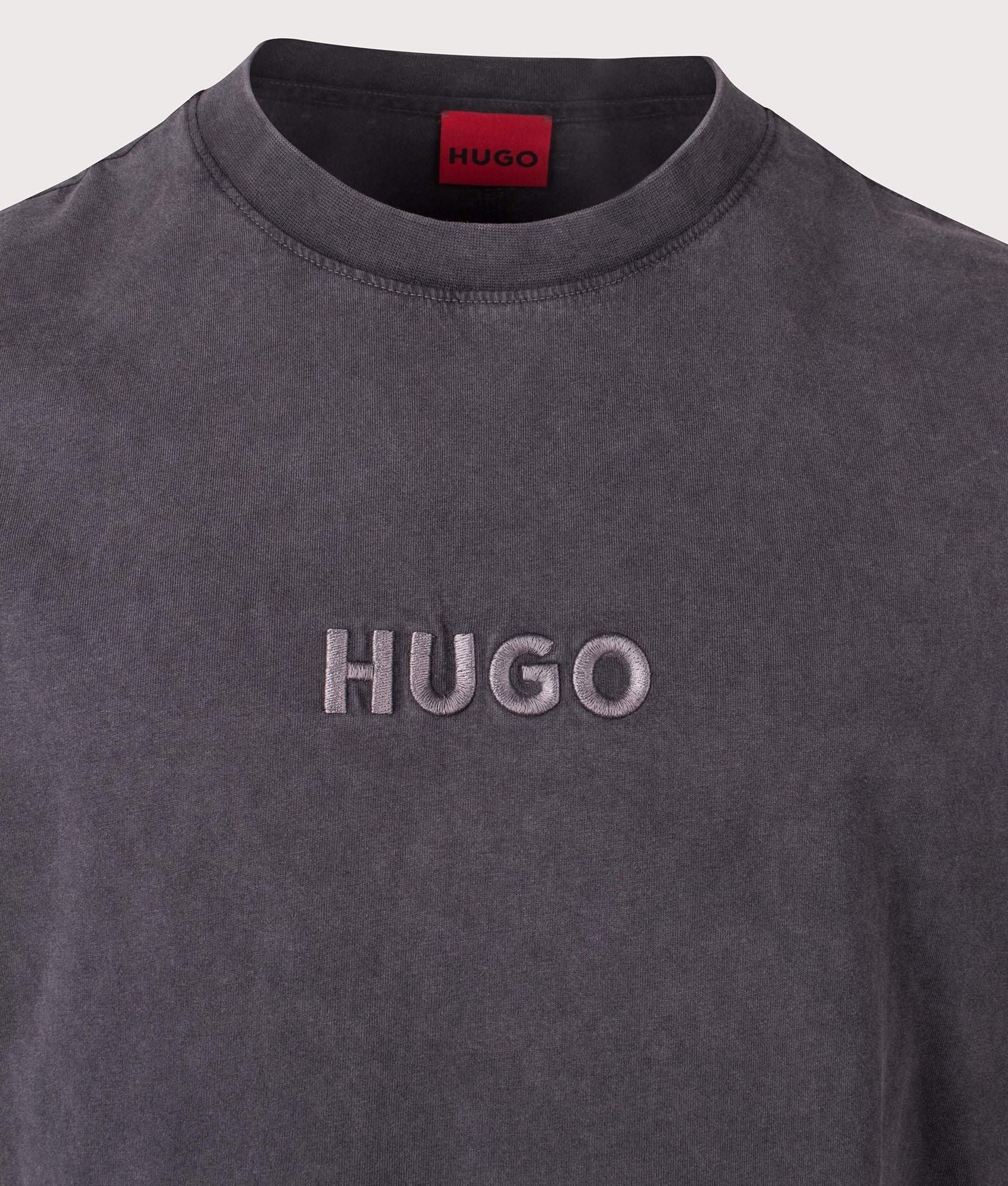 HUGO Oversized Delw T-shirt in Charcoal at EQVVS Menswear. Detail shot.