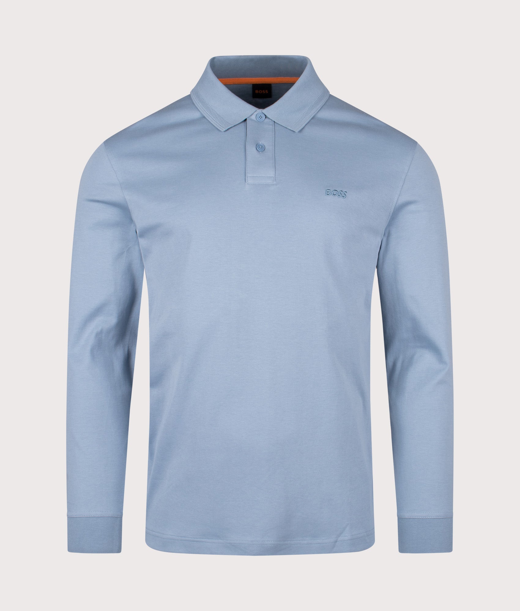 Piqué Interlock Long Sleeve Polo Shirt in Light/Pastel Blue | 100% Cotton | BOSS | EQVVS | Front shot 