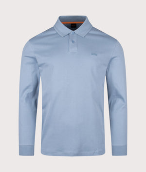 Piqué Interlock Long Sleeve Polo Shirt in Light/Pastel Blue | 100% Cotton | BOSS | EQVVS | Front shot 