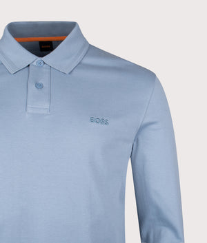 Piqué Interlock Long Sleeve Polo Shirt in Light/Pastel Blue | 100% Cotton | BOSS | EQVVS | Front angle shot 