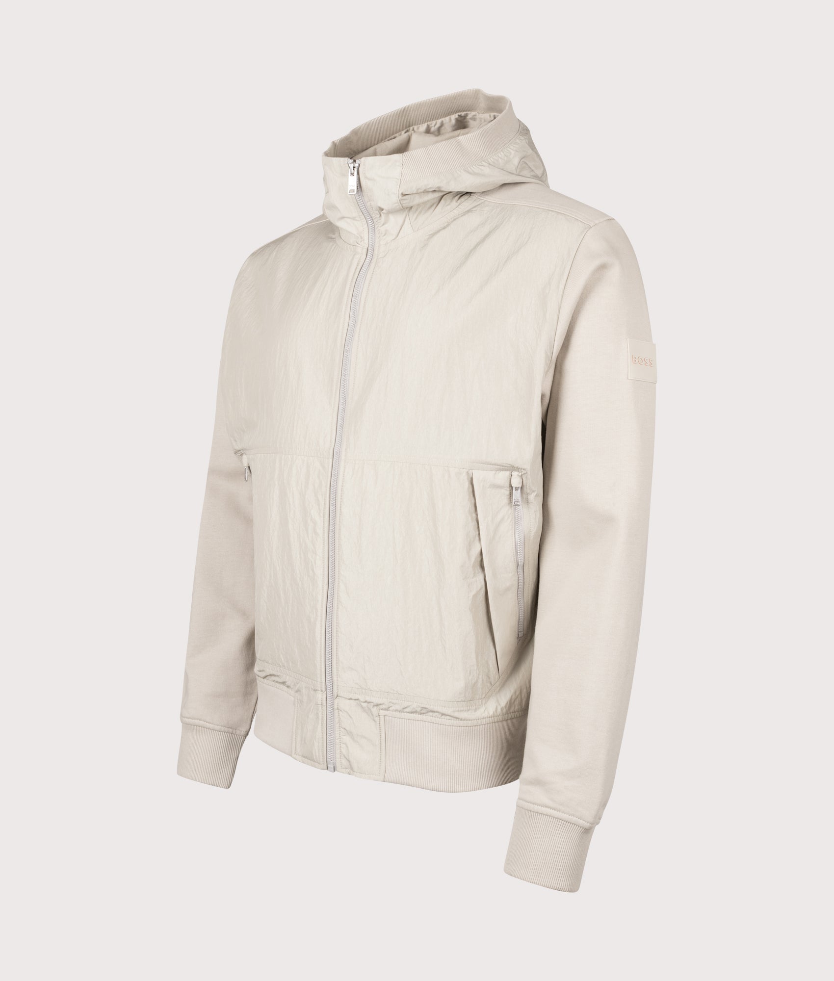 Protective Zip Through Hoodie in Light Beige | 100% Cotton | BOSS | EQVVS | Front angle shot 