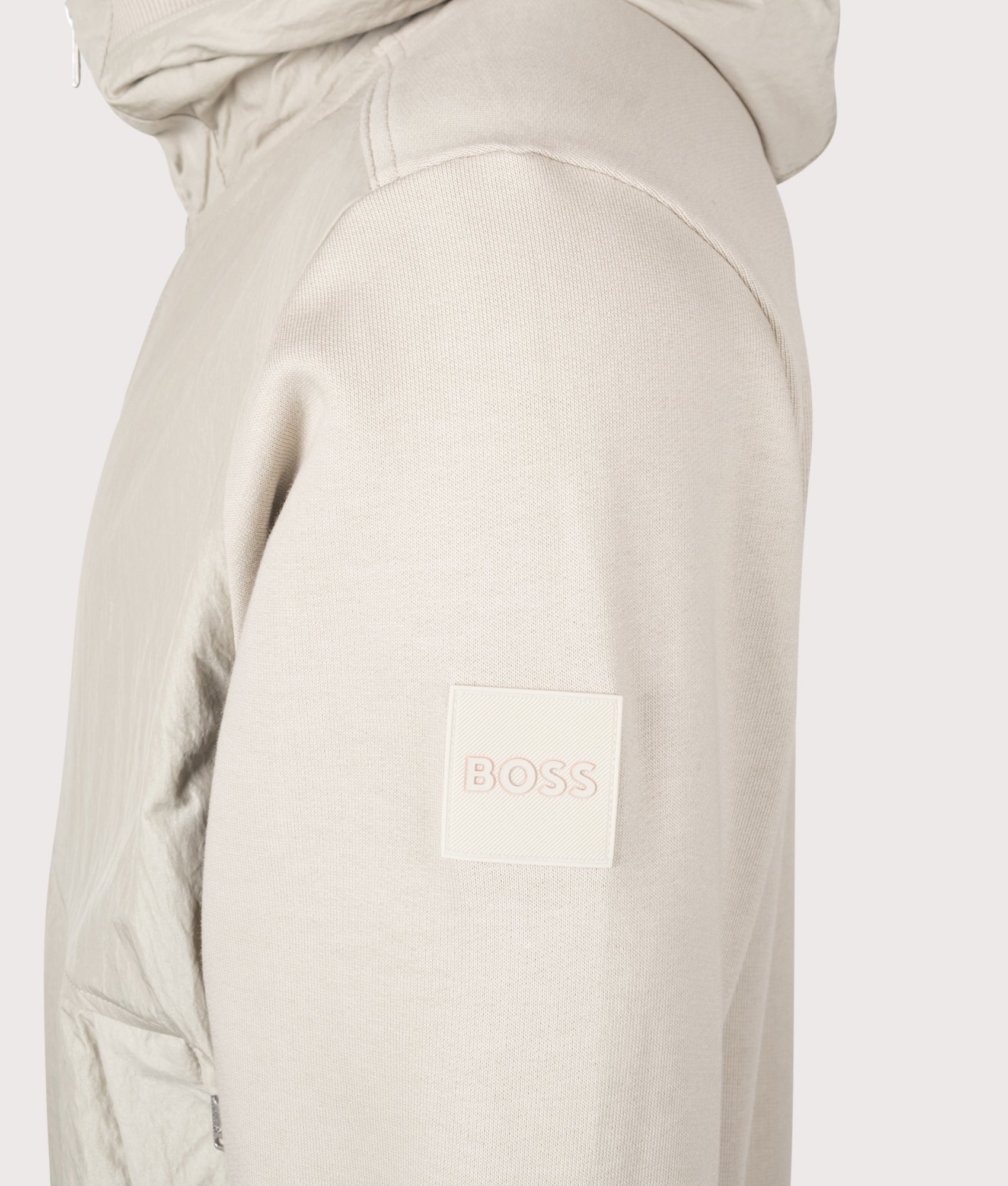 Protective Zip Through Hoodie in Light Beige | 100% Cotton | BOSS | EQVVS | Side detail shot 