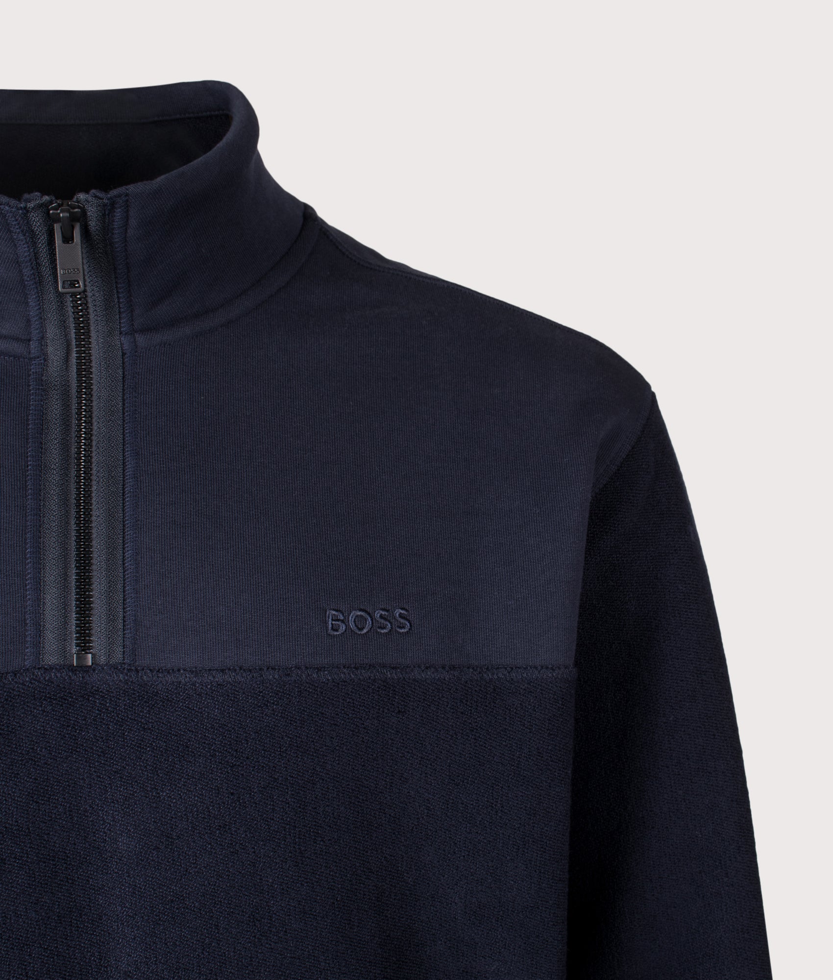 Winterbrust Quarter Zip Sweatshirt in Dark Blue | BOSS | EQVVS | Front detail shot 