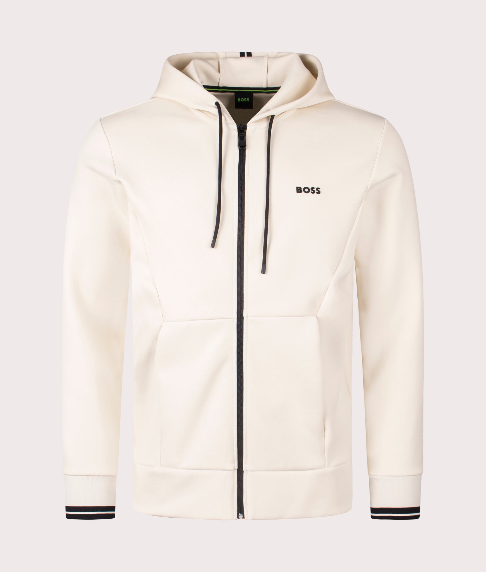 BOSS Menswear zip-up zone hoodie in Open White at EQVVS Menswear. Front shot.
