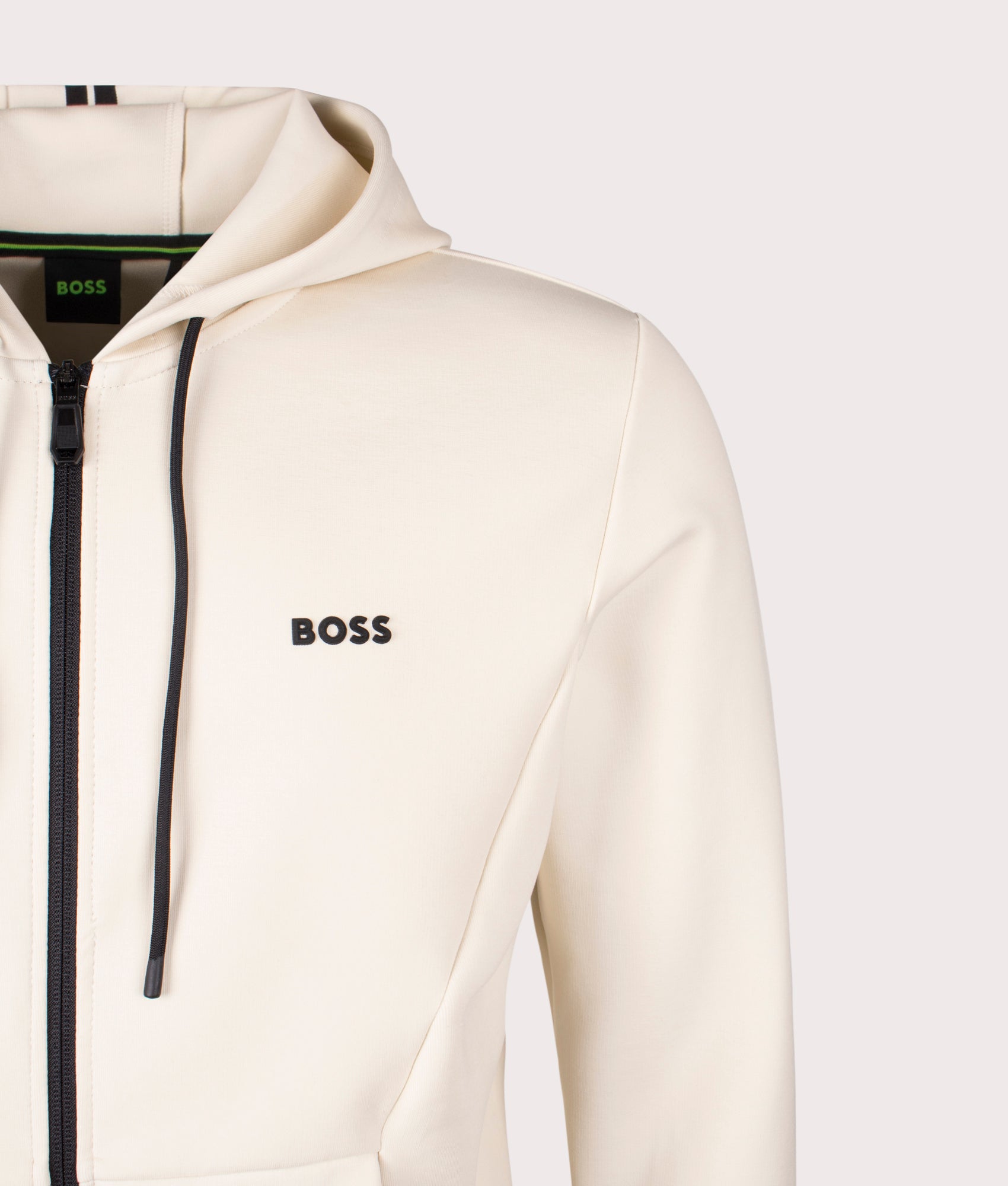 BOSS Menswear zip-up zone hoodie in Open White at EQVVS Menswear. Detail Shot.