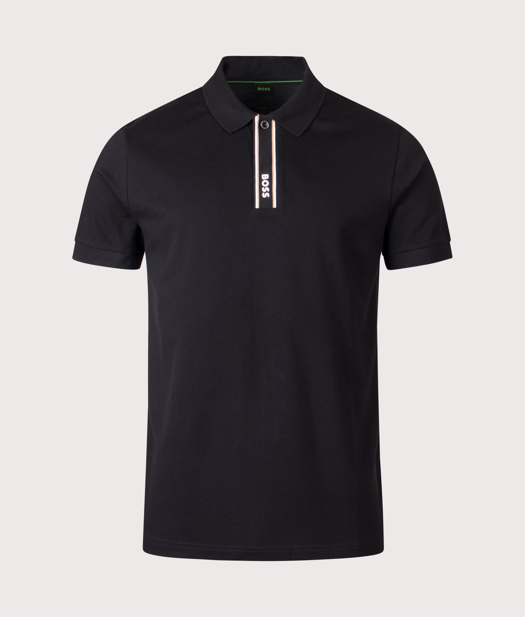 BOSS Paddy Polo shirt in Black at EQVVS Menswear. Front shot.