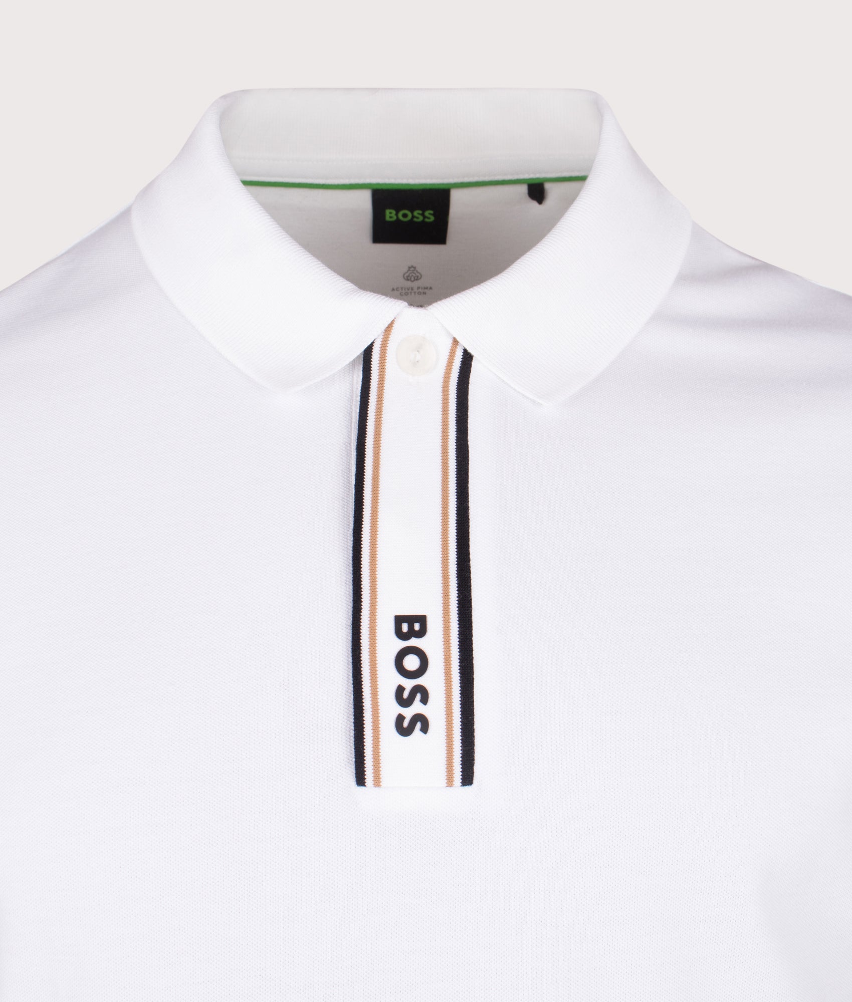 Paddy Polo Shirt in White | Cotton and elastane blend | BOSS | EQVVS | Front detail shot 