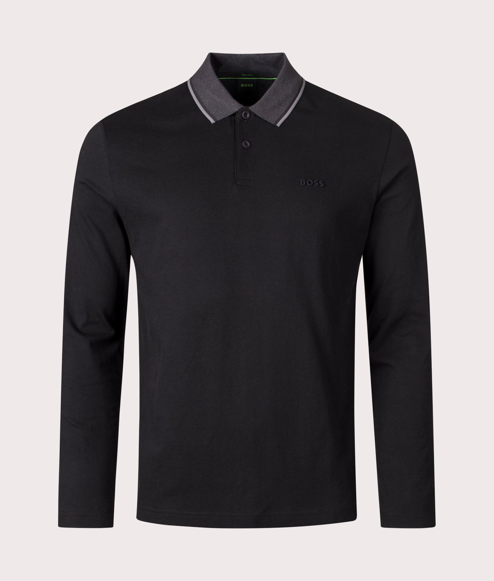 Long Sleeve League Pilsy Polo Shirt in Black | 100% Cotton | BOSS | EQVVS | Front shot 
