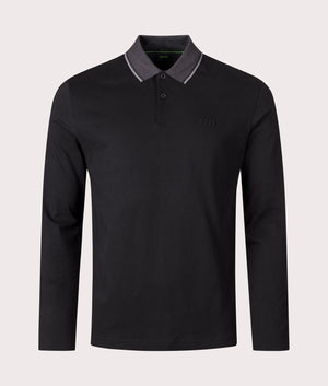 Long Sleeve League Pilsy Polo Shirt in Black | 100% Cotton | BOSS | EQVVS | Front shot 