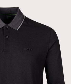 Long Sleeve League Pilsy Polo Shirt in Black | 100% Cotton | BOSS | EQVVS | Front detail shot 