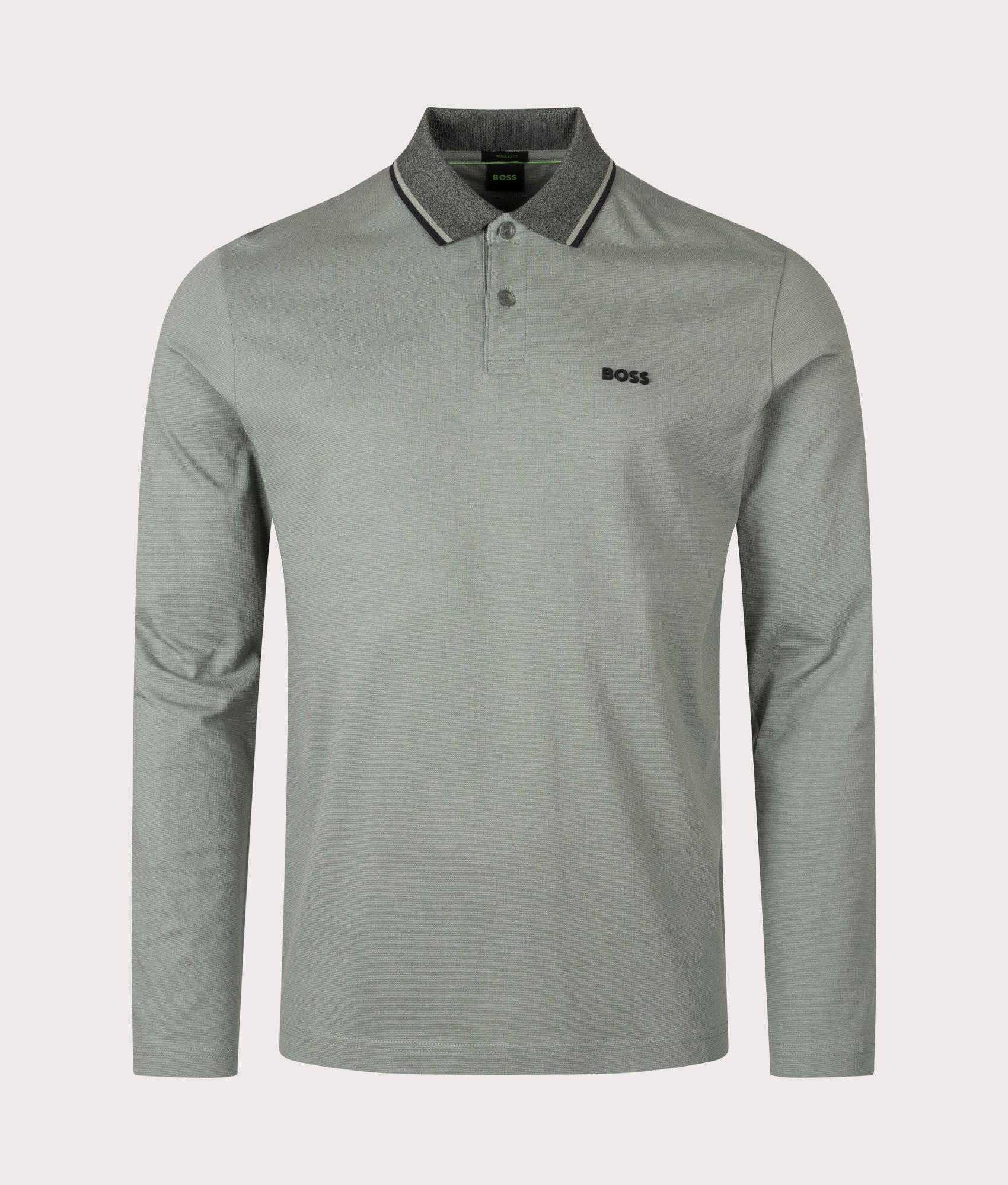 Long Sleeve League Plisy Polo Shirt in Open Green | 100% Cotton | BOSS | EQVVS | Front shot 