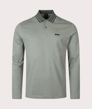 Long Sleeve League Plisy Polo Shirt in Open Green | 100% Cotton | BOSS | EQVVS | Front shot 
