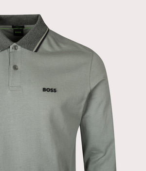 Long Sleeve League Plisy Polo Shirt in Open Green | 100% Cotton | BOSS | EQVVS | Front detail shot 